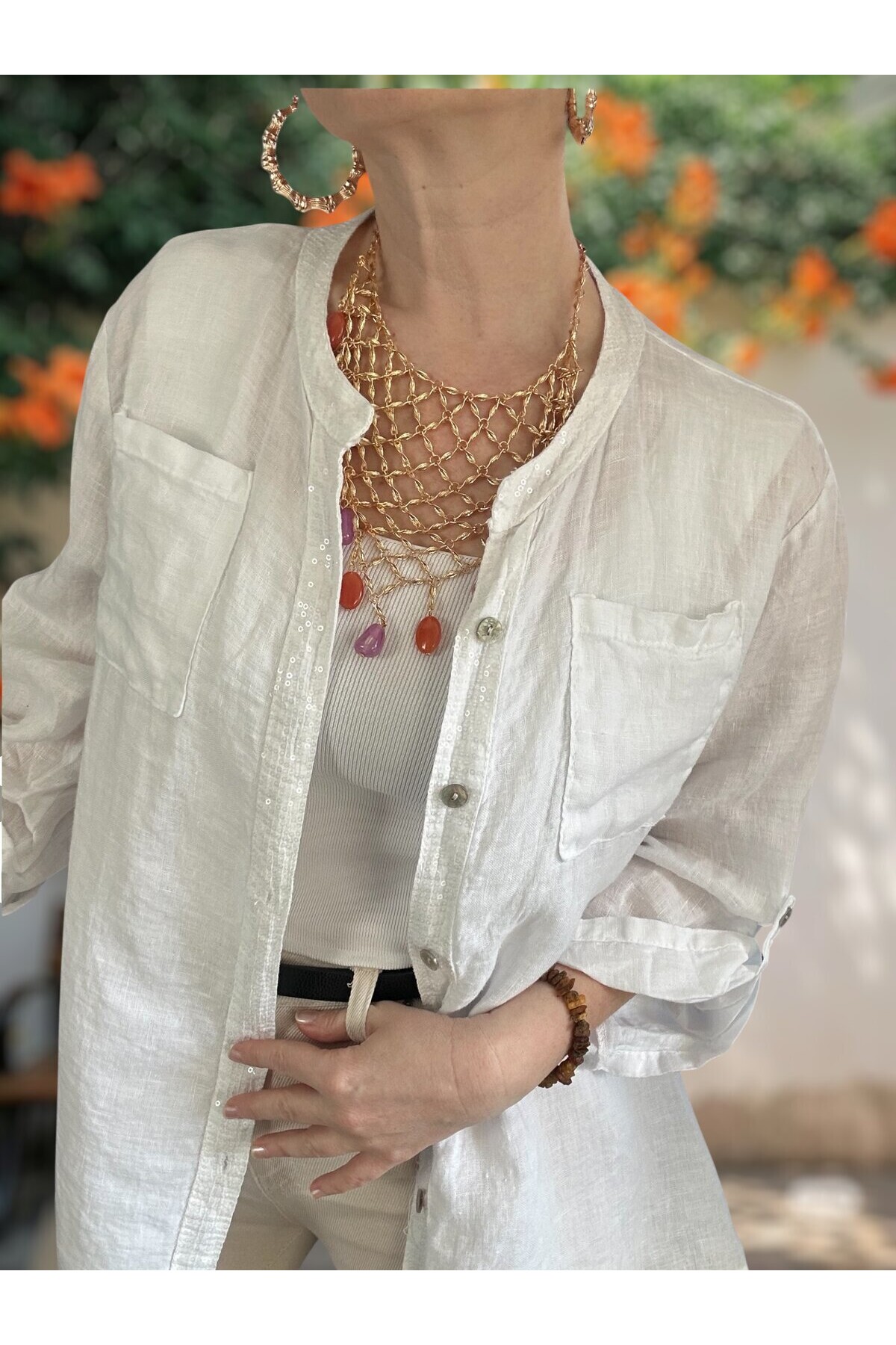 Brezza Payet İşlemeli & Sırtı Güpürlü Premium Linen Gömlek Beyaz