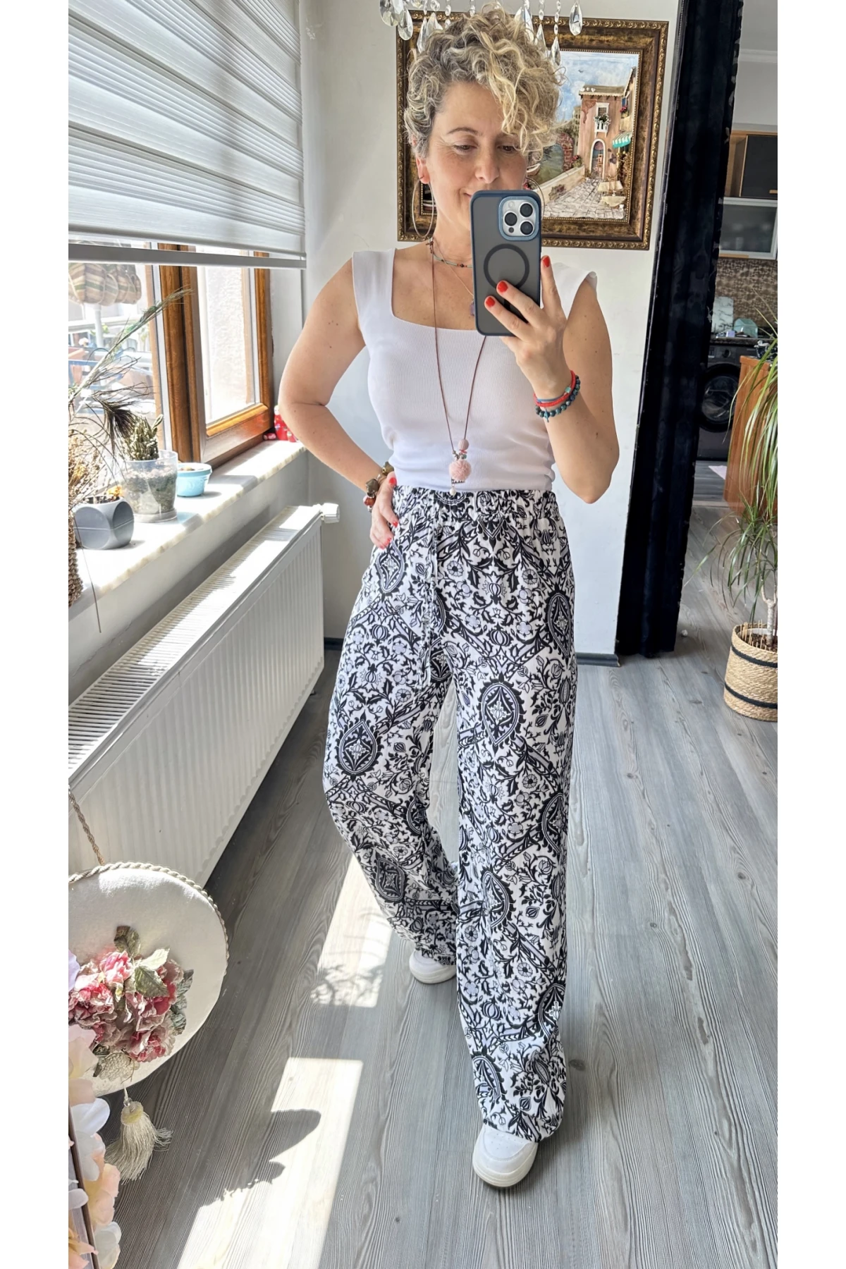 Carmen Şal Desen Pantolon Siyah Beyaz