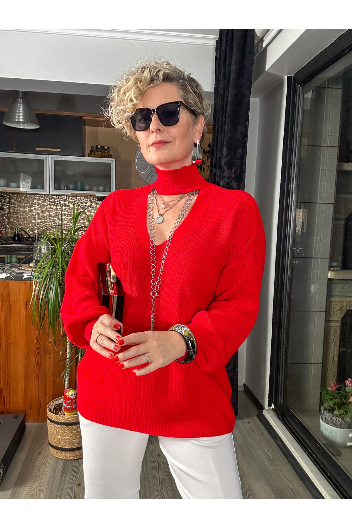 Kisas Balıkçı Detaylı Merserize Triko Kırmızı