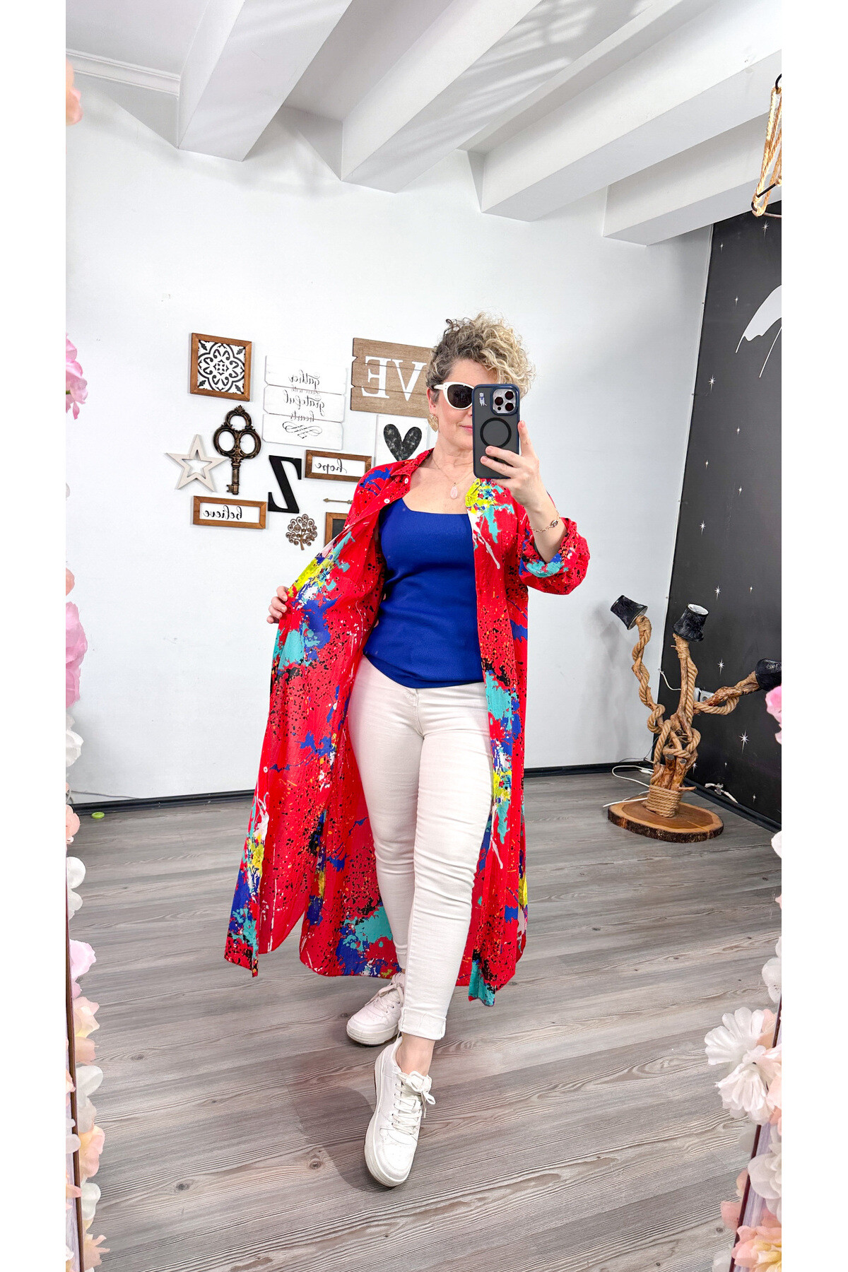 Livali Mavi Fırça Baskı Desen Gömlek Elbise Kap Kırmızı