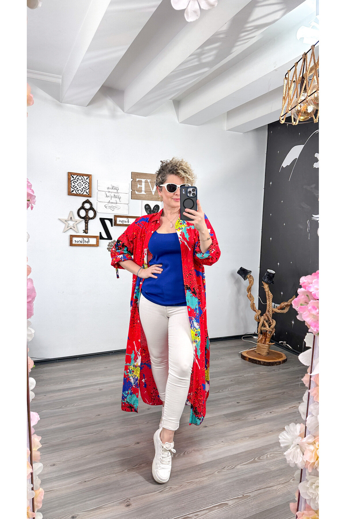 Livali Mavi Fırça Baskı Desen Gömlek Elbise Kap Kırmızı