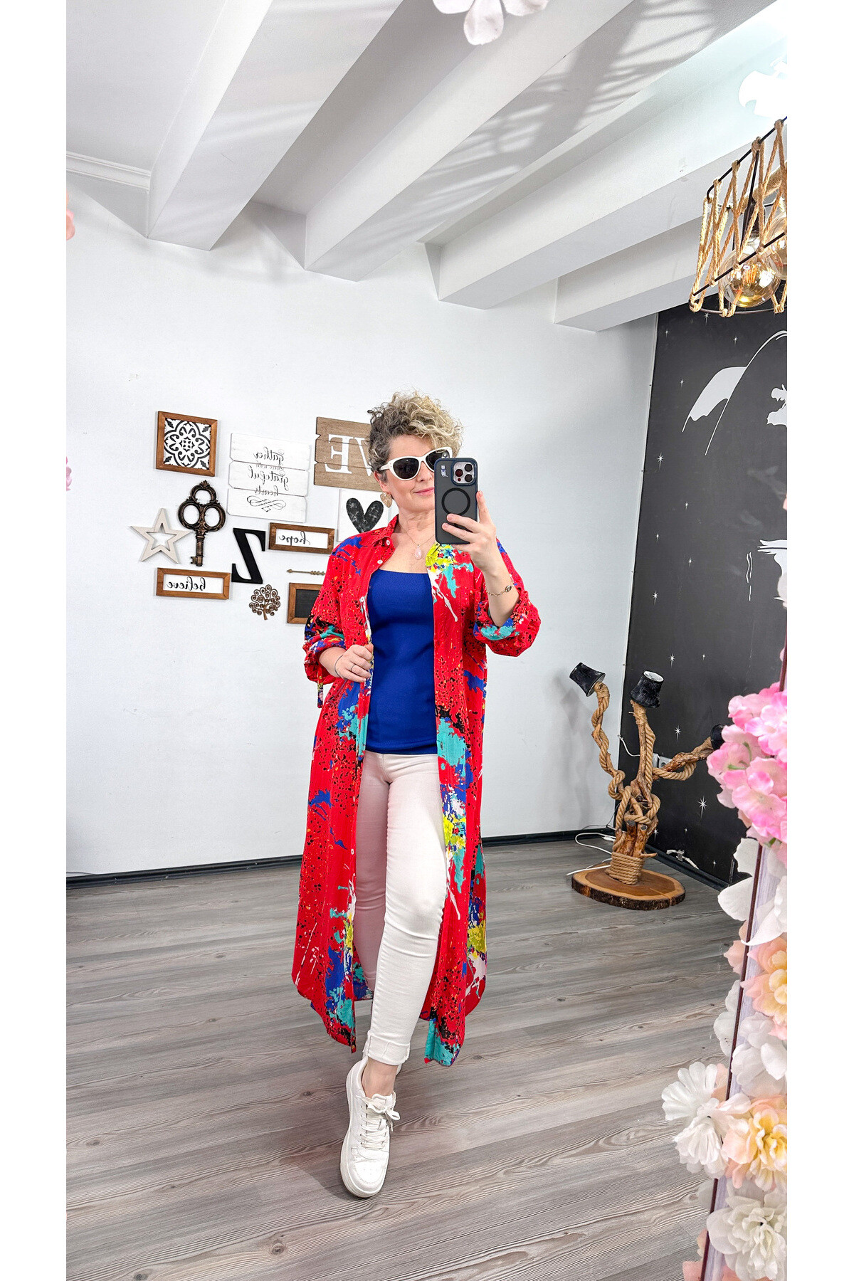 Livali Mavi Fırça Baskı Desen Gömlek Elbise Kap Kırmızı