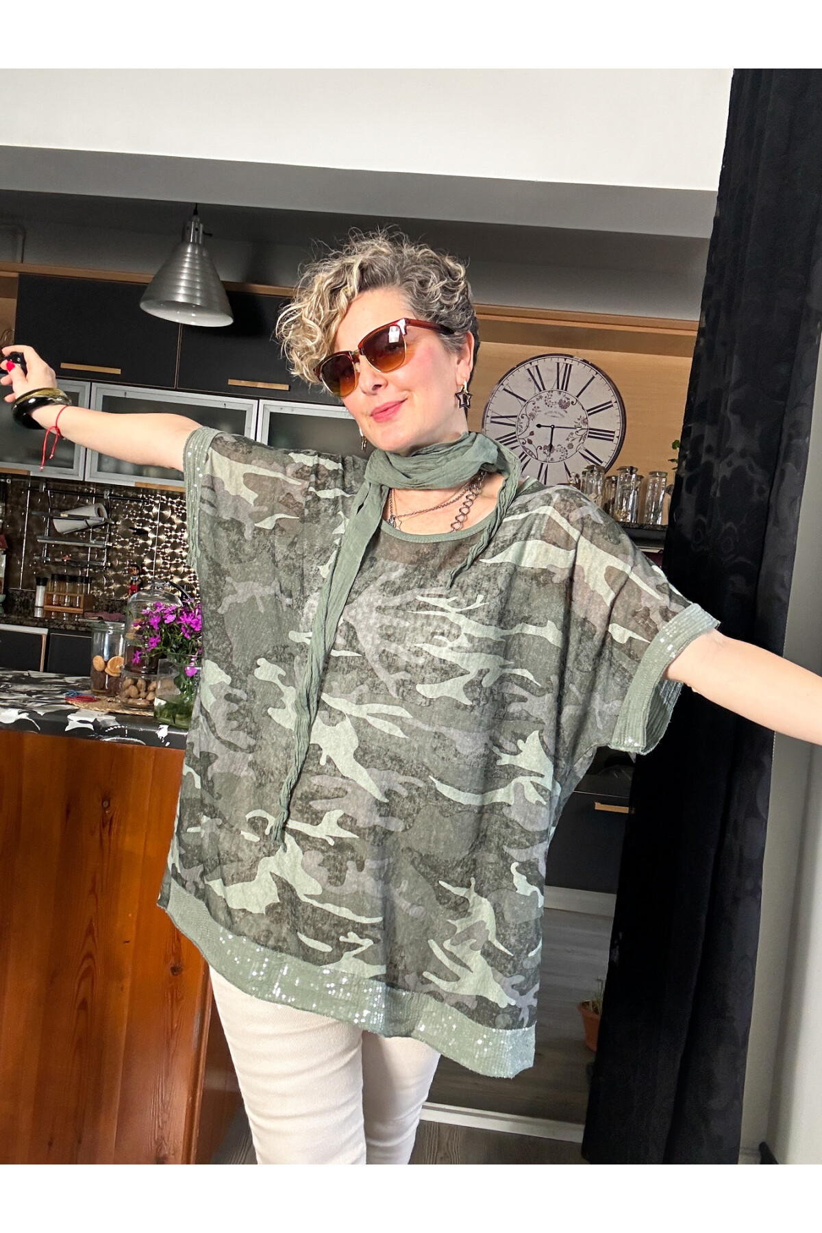 Mamma Mia Fularlı Etek Pul Kamuflaj Bluz Haki Yeşil