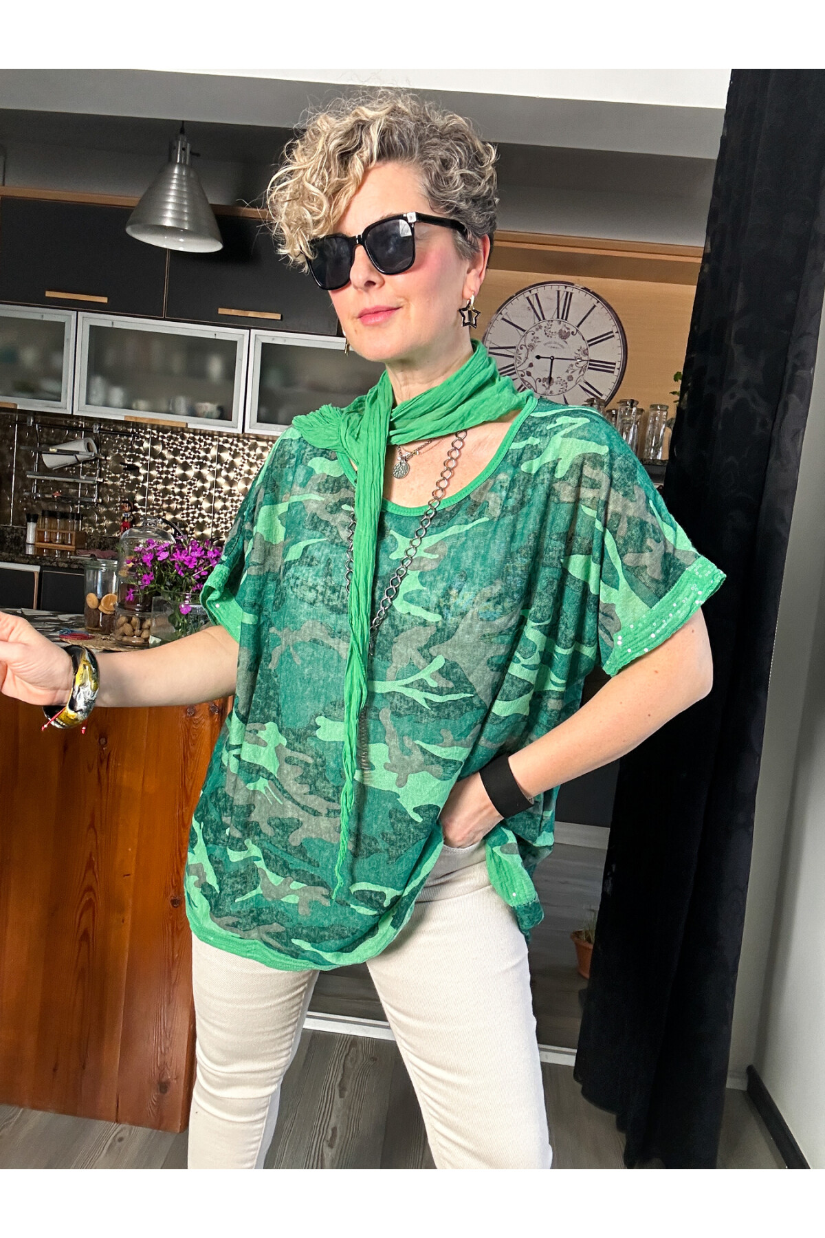 Mamma Mia Fularlı Etek Pul Kamuflaj Bluz Yeşil