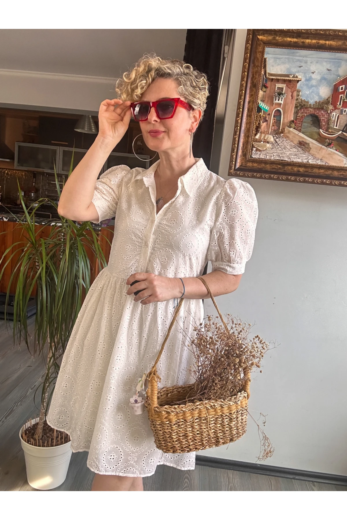 Marla Düğmel Detaylı Güpür Elbise Beyaz