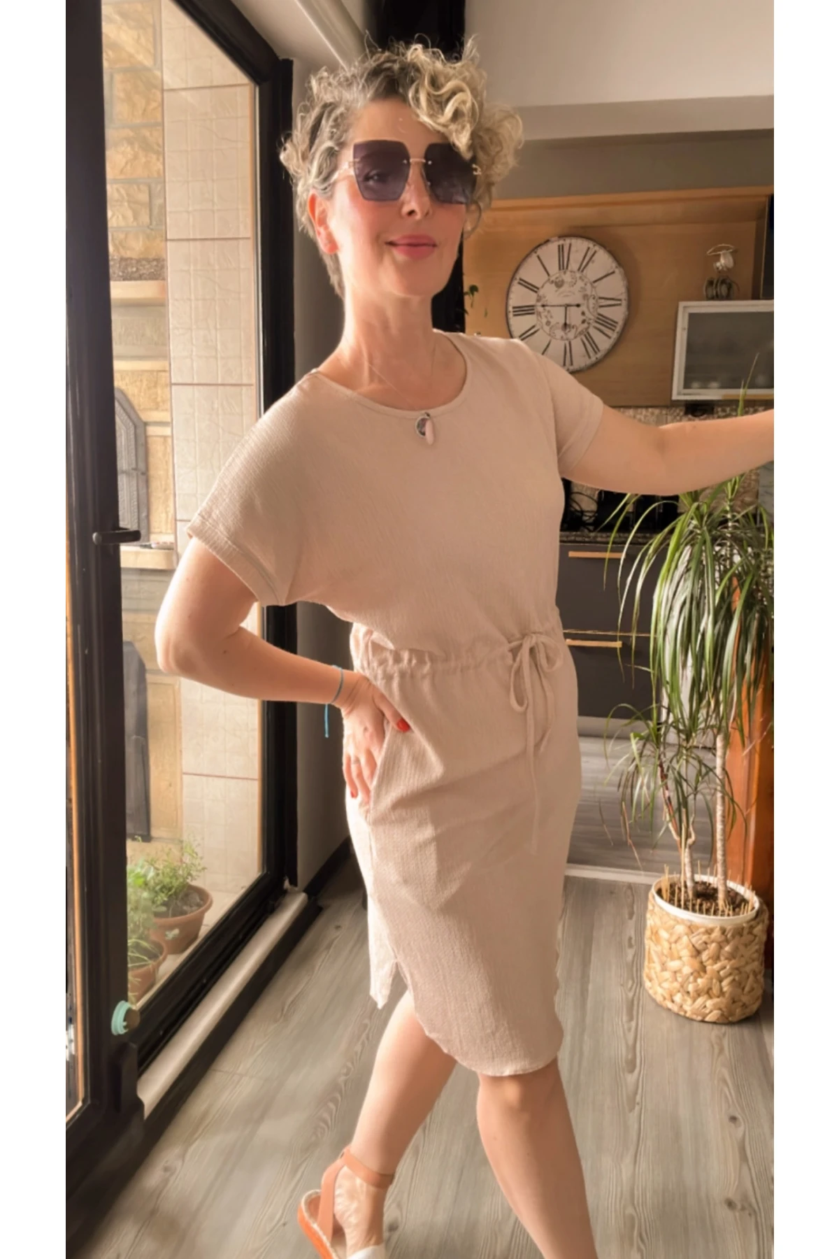 Mms Bel Büzgü Detay Elbise Bej