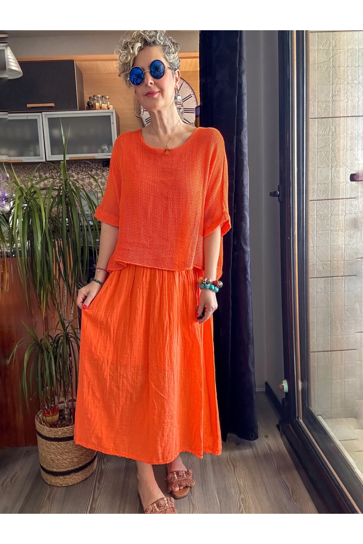 Abitare İtalyan Fisto File Detay Vip Elbise Turuncu