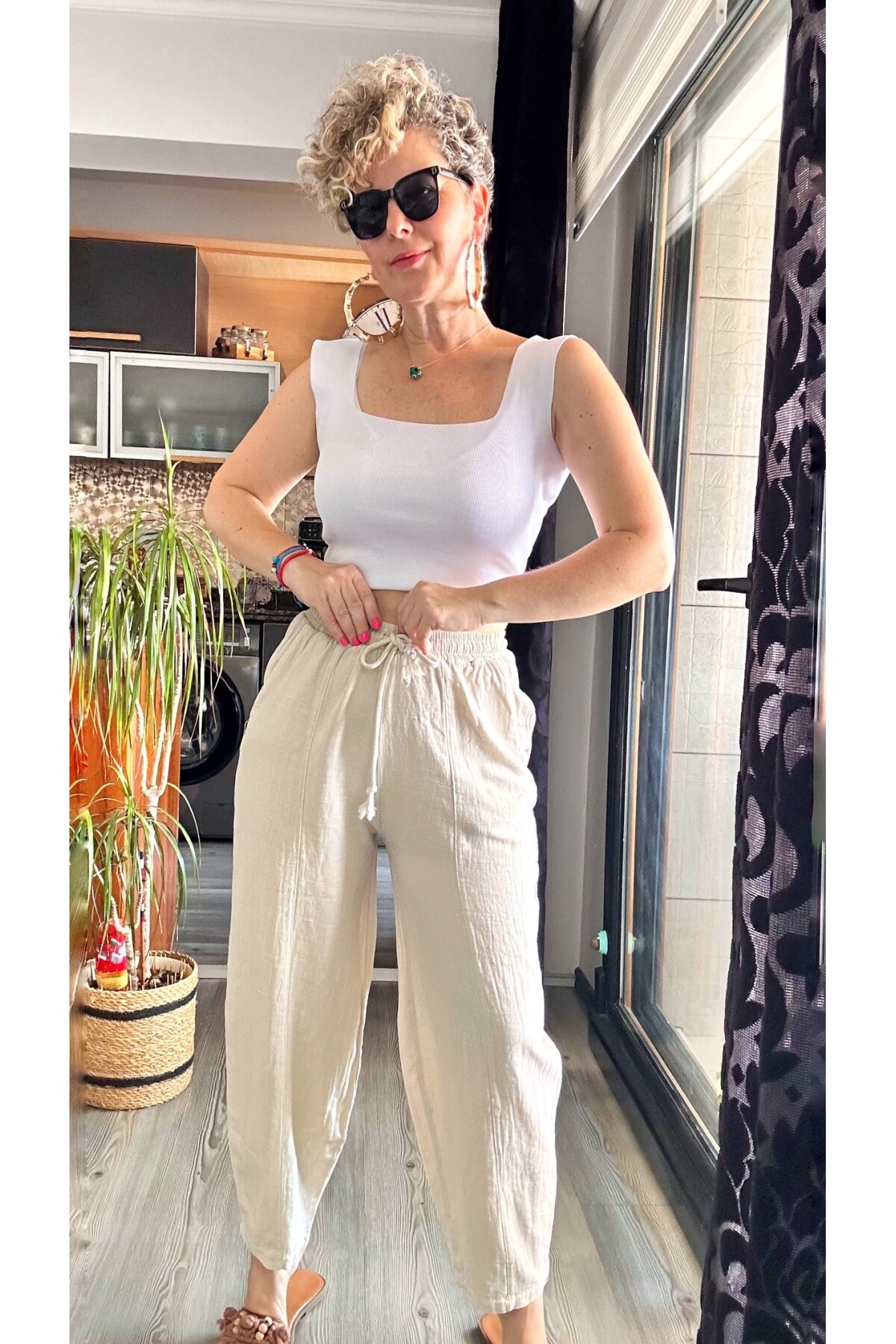 Etno Çıma Detay Bel Lastik Tasarım Pantolon Bej