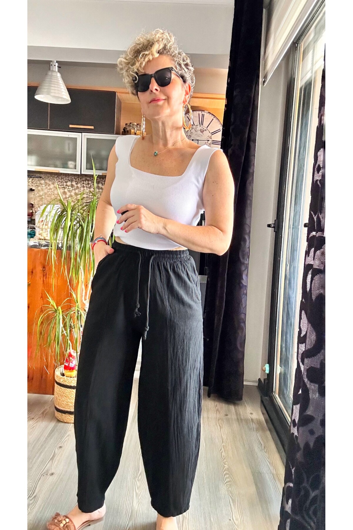 Etno Çıma Detay Bel Lastik Tasarım Pantolon Siyah