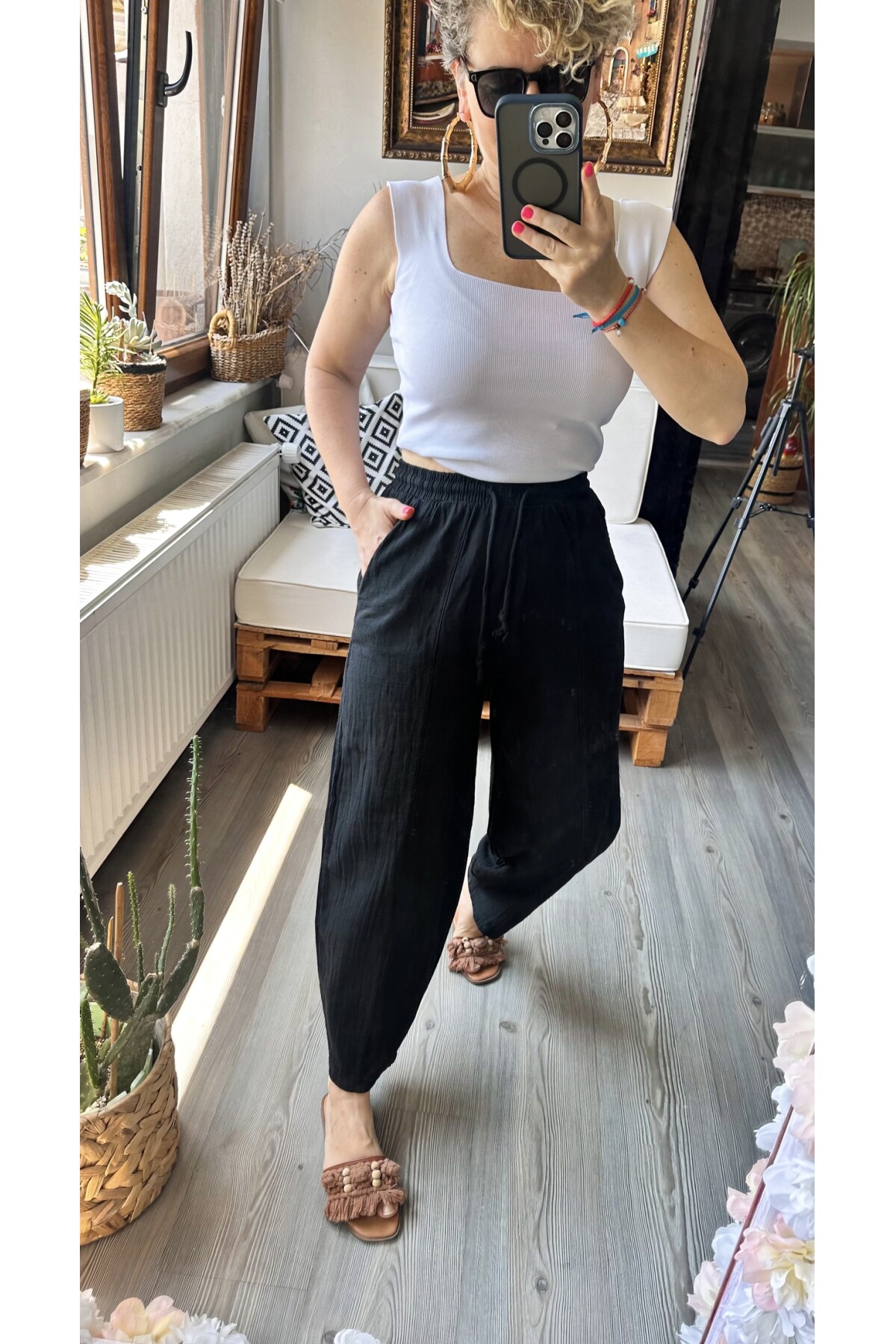 Etno Çıma Detay Bel Lastik Tasarım Pantolon Siyah