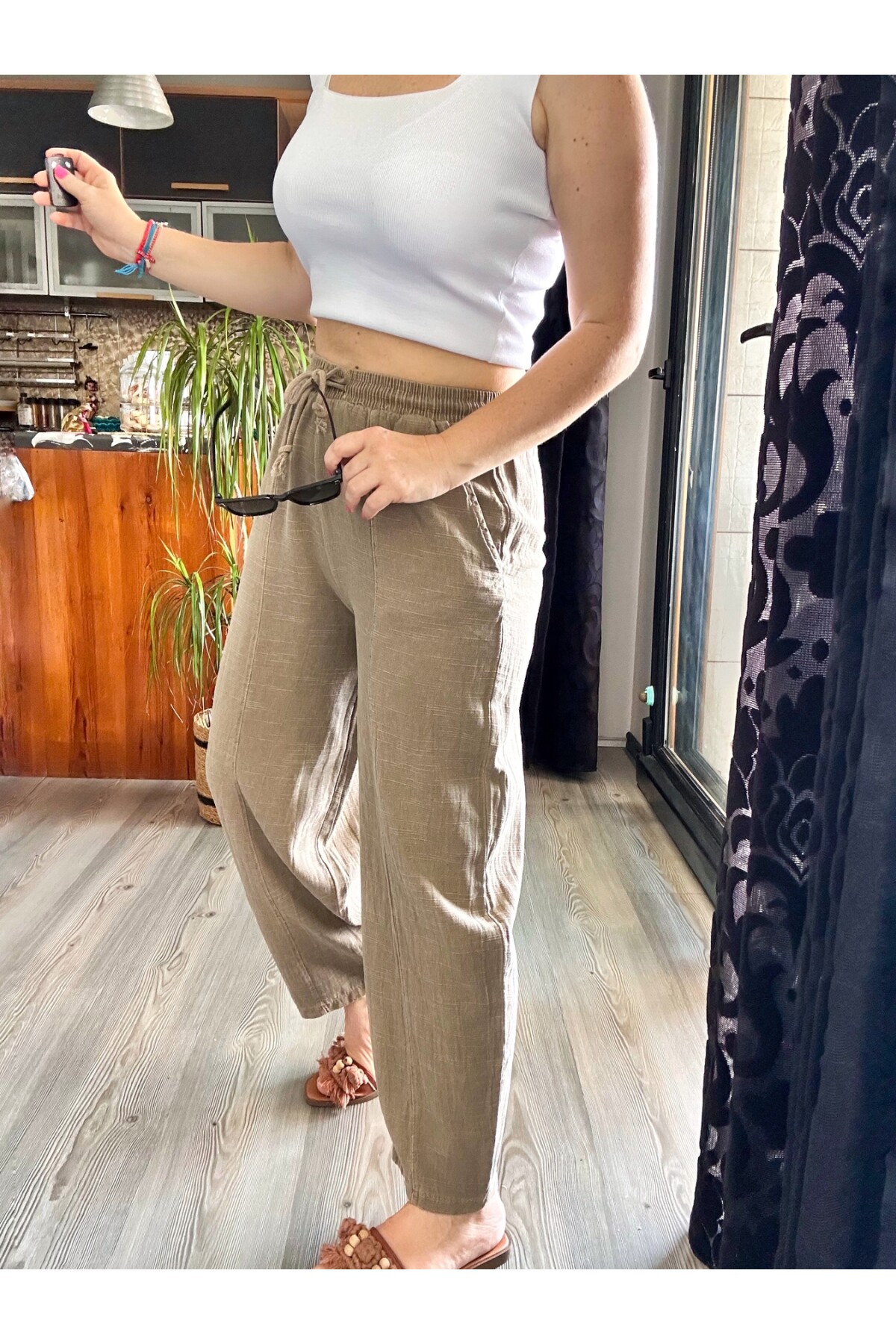 Etno Çıma Detay Bel Lastik Tasarım Pantolon Vizon