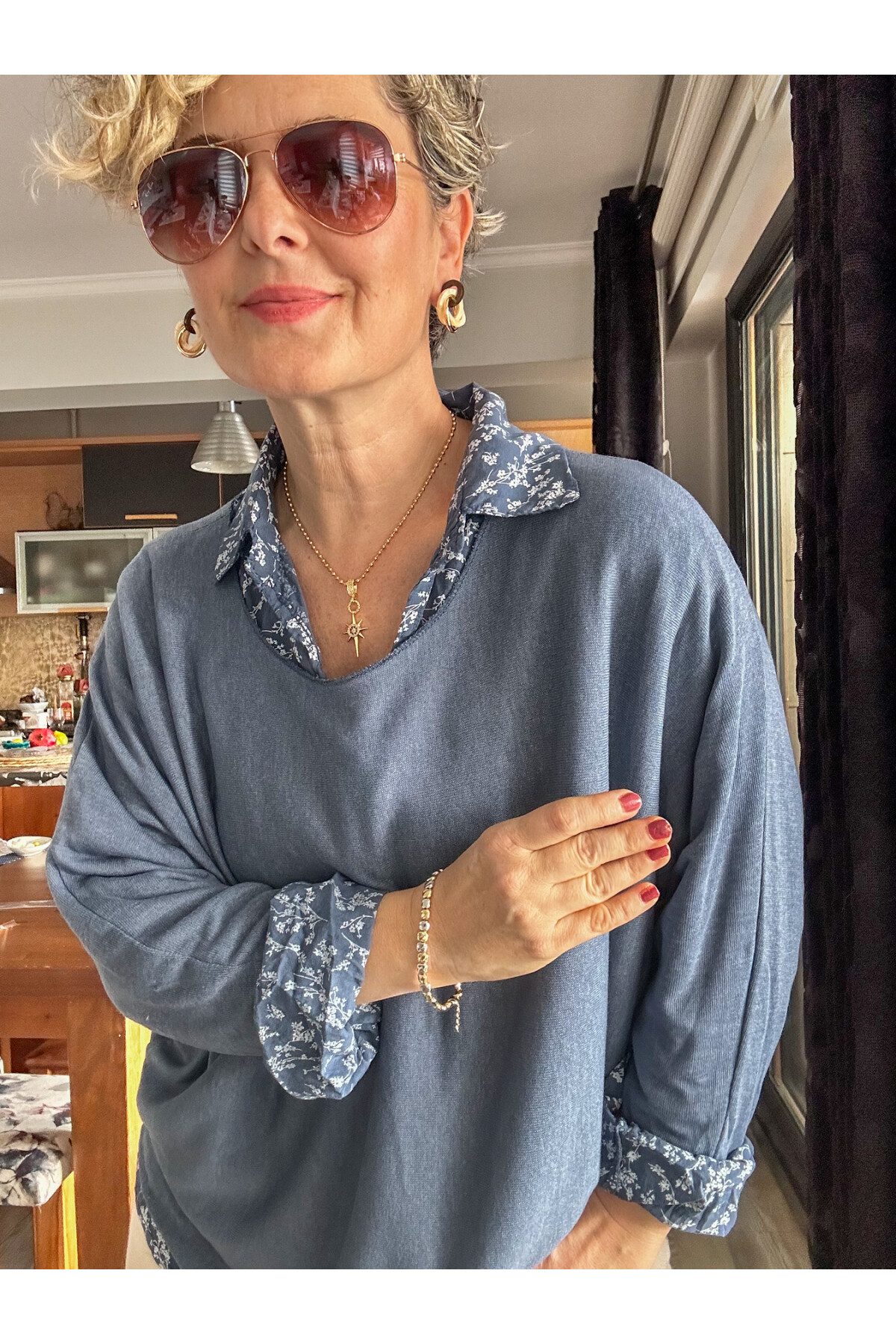 Femme İtalyan Gömlekli Bluz Triko Takım İndigo