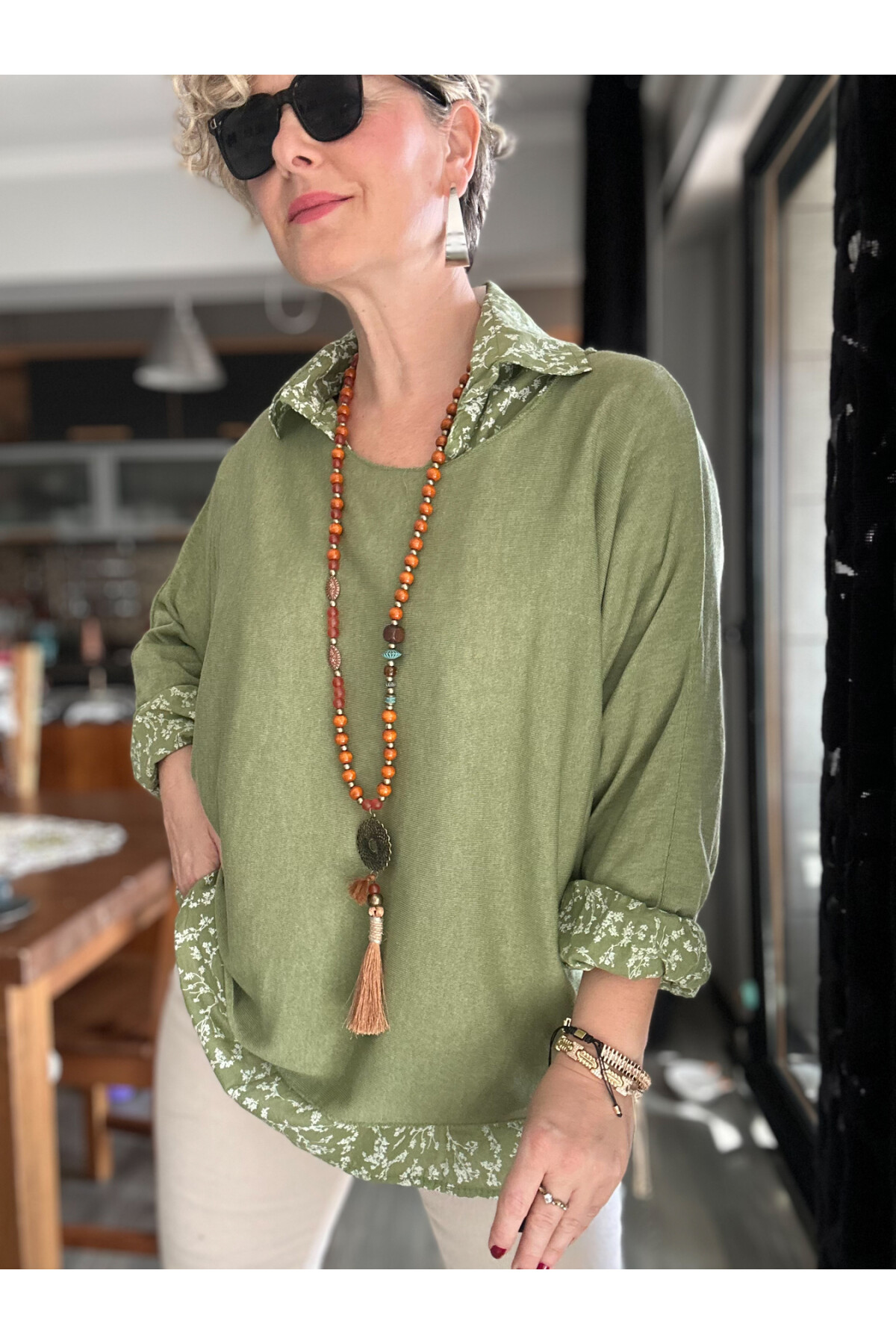 Femme İtalyan Gömlekli Bluz Triko Takım Yağ Yeşil