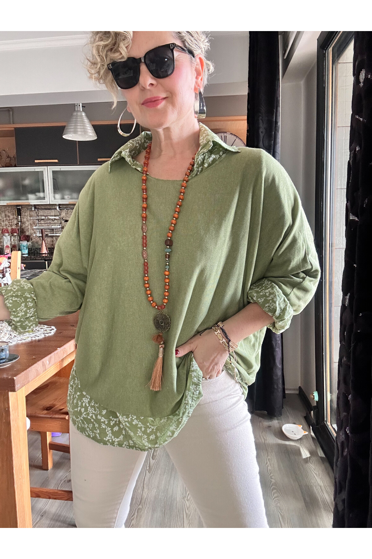 Femme İtalyan Gömlekli Bluz Triko Takım Yağ Yeşil