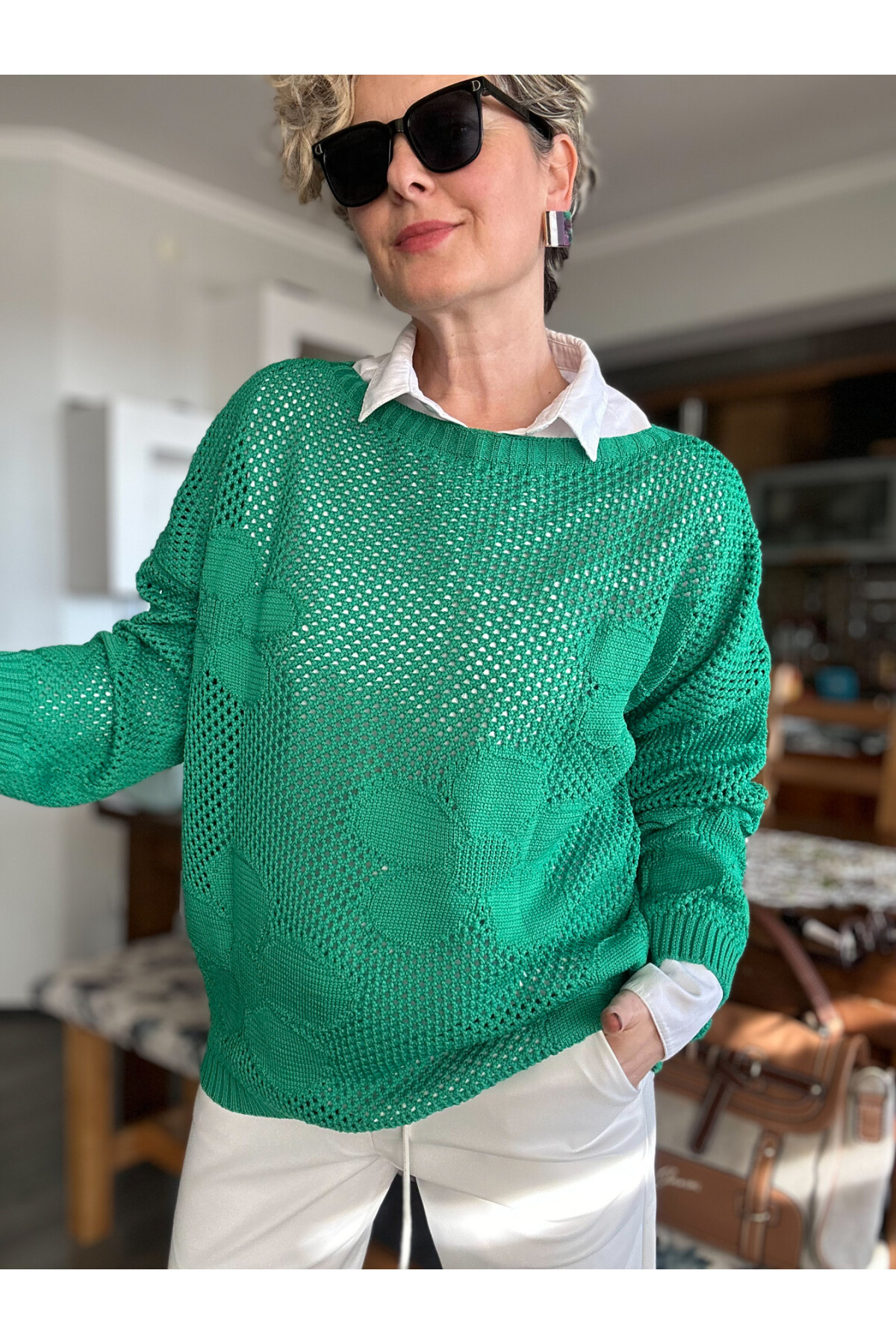 Funny Çiçek Desen Delikli Triko Bluz Yeşil