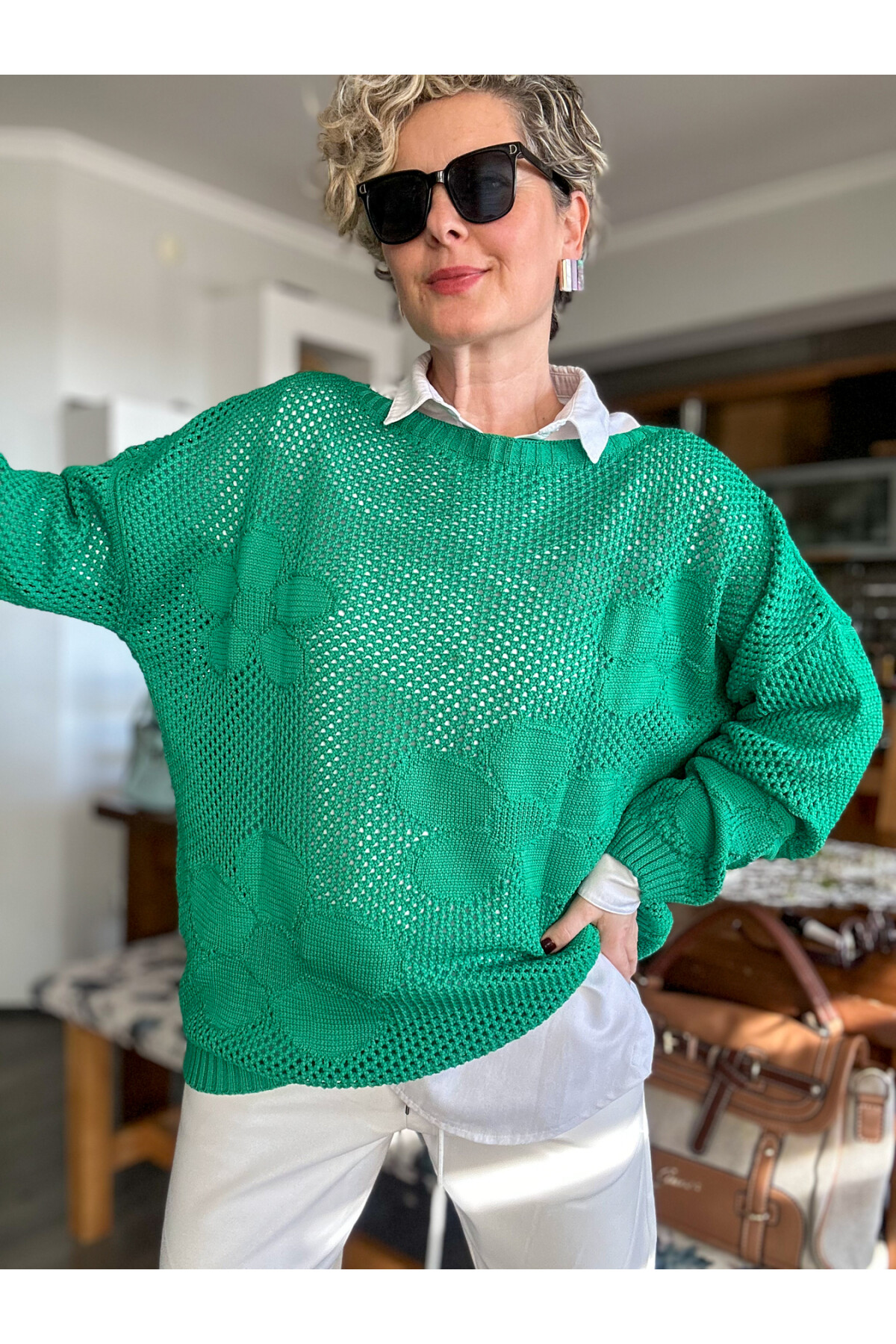 Funny Çiçek Desen Delikli Triko Bluz Yeşil