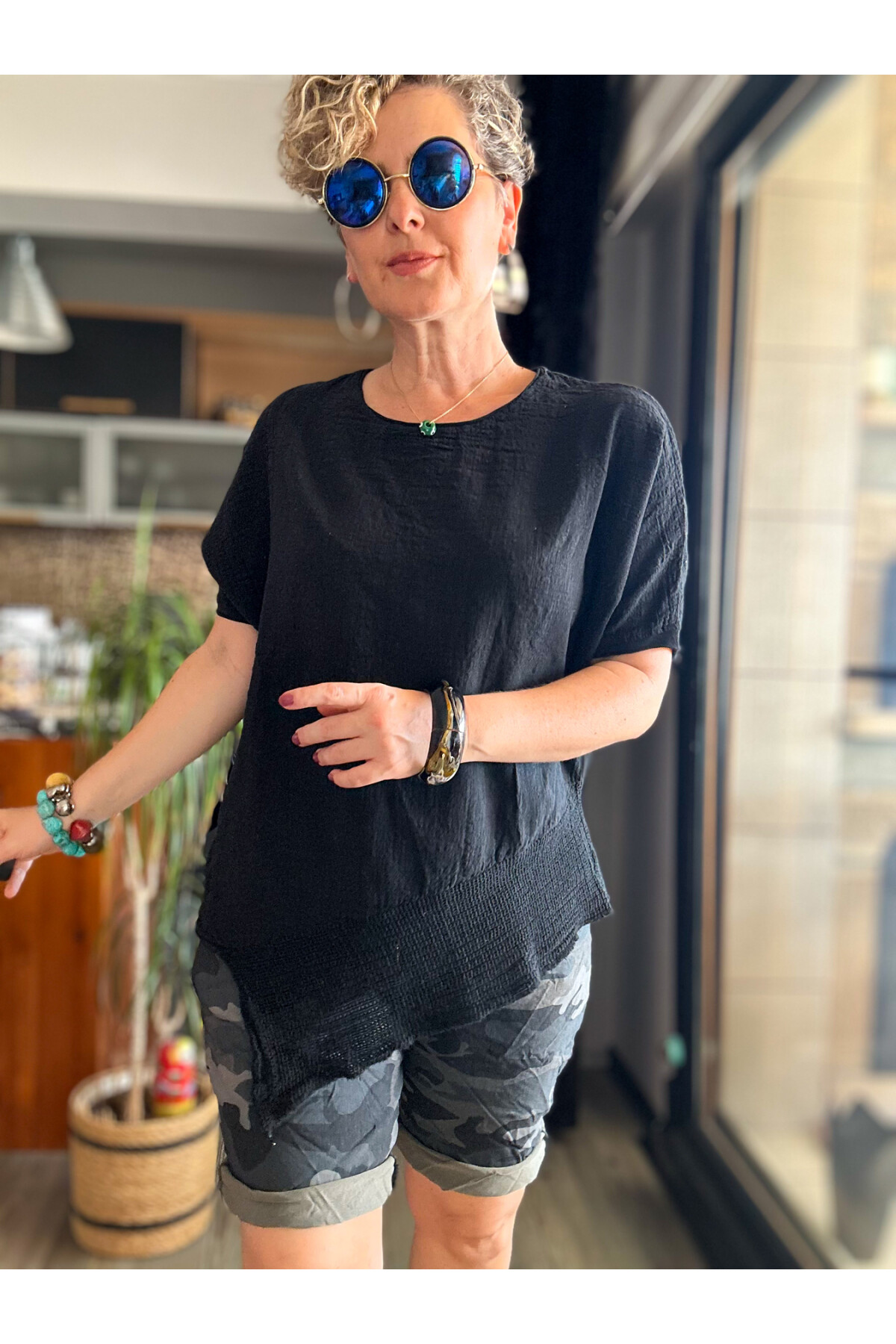 Getto Asimetrik Kesim File Detay Bluz Siyah