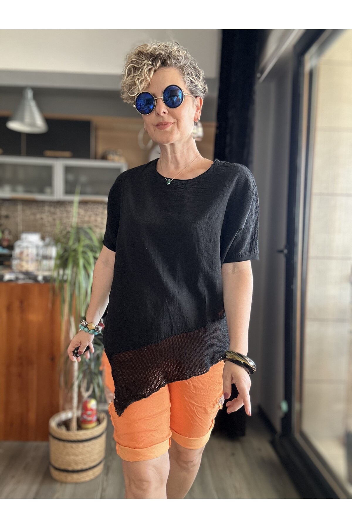 Getto Asimetrik Kesim File Detay Bluz Siyah