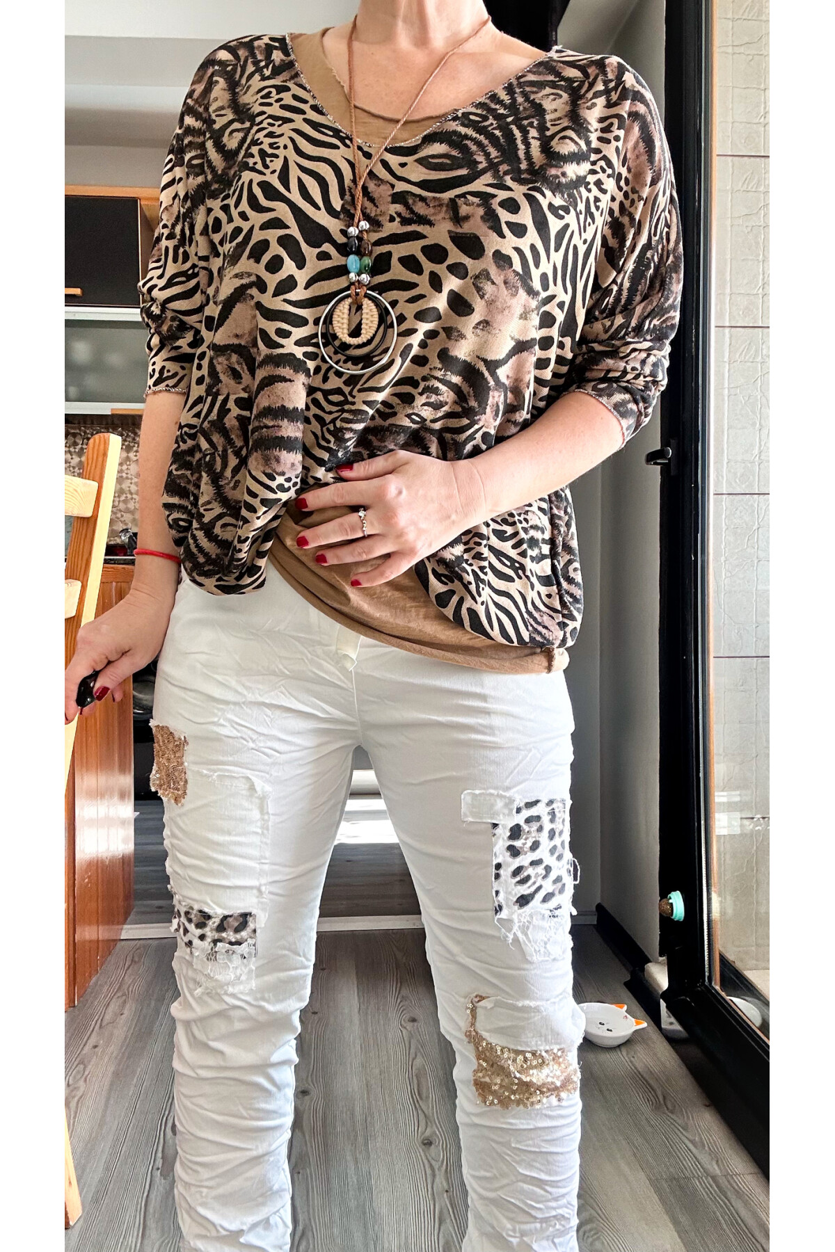 İtaliana Leopar Desen Pul Detaylı Sihirli Pantolon Beyaz