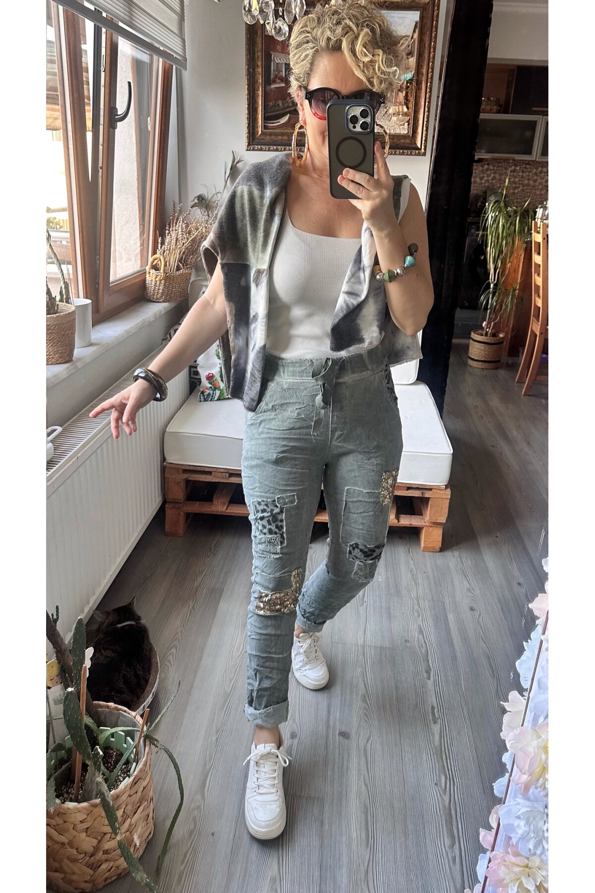 İtaliana Leopar Desen Pul Detaylı Sihirli Pantolon Haki Yeşil