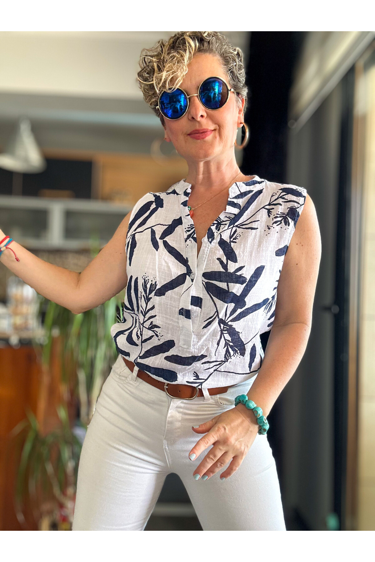 Mambo Yaprak Desen Sıfır Kol İtalyan Bluz