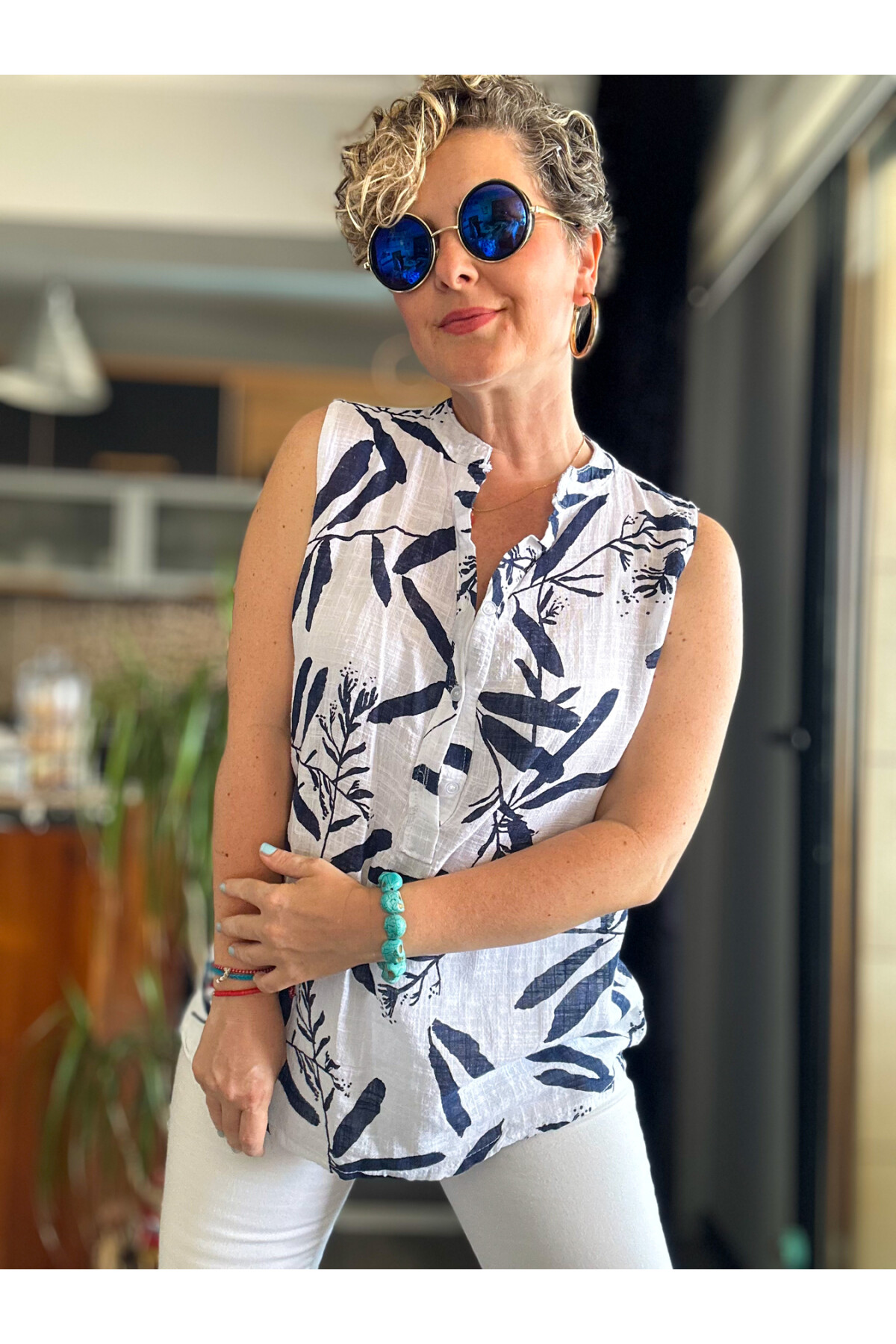 Mambo Yaprak Desen Sıfır Kol İtalyan Bluz