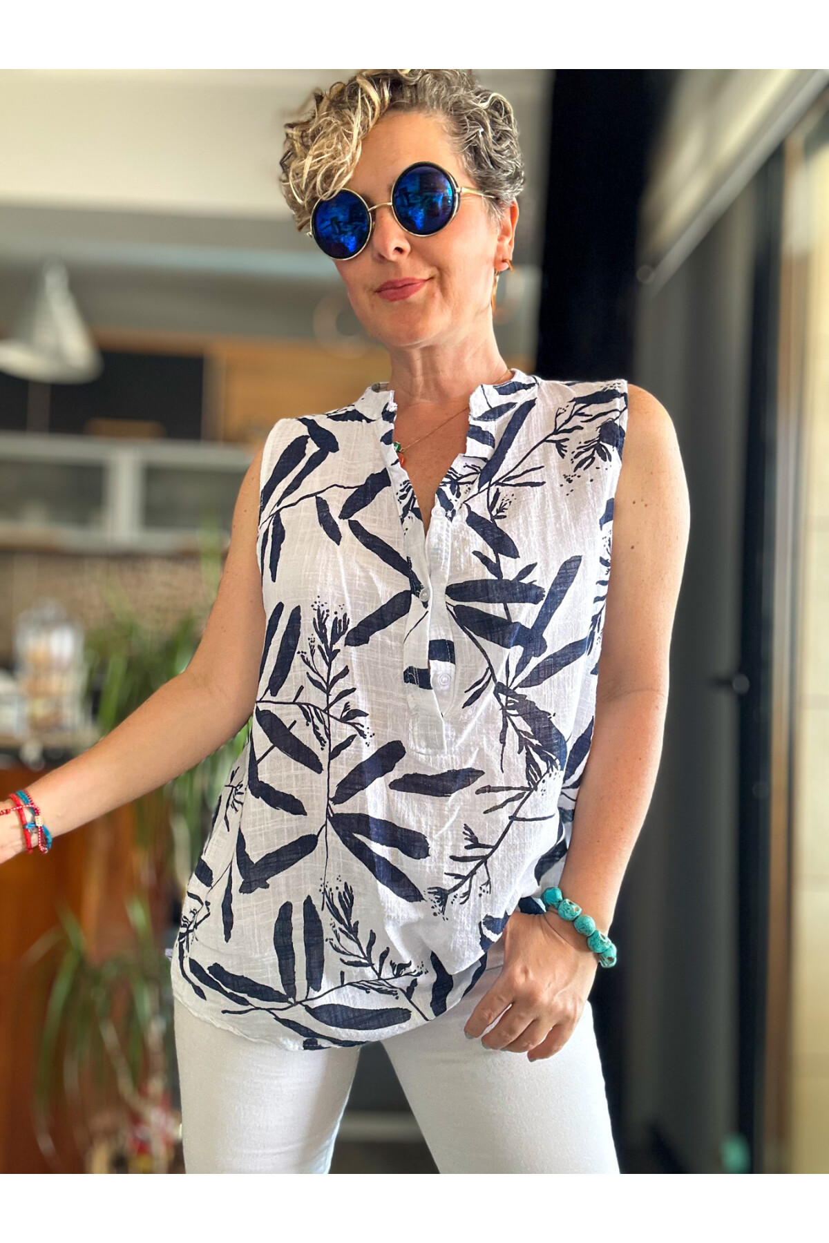 Mambo Yaprak Desen Sıfır Kol İtalyan Bluz