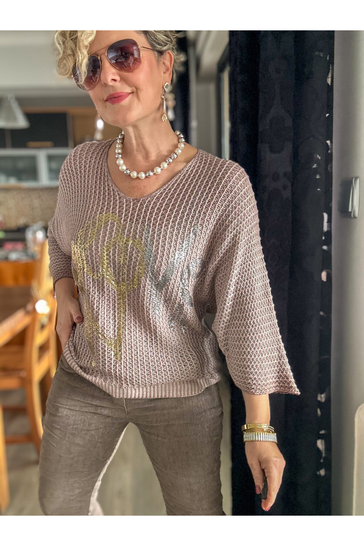 Nando İtalyan Varak Love Baskılı Triko Pudra