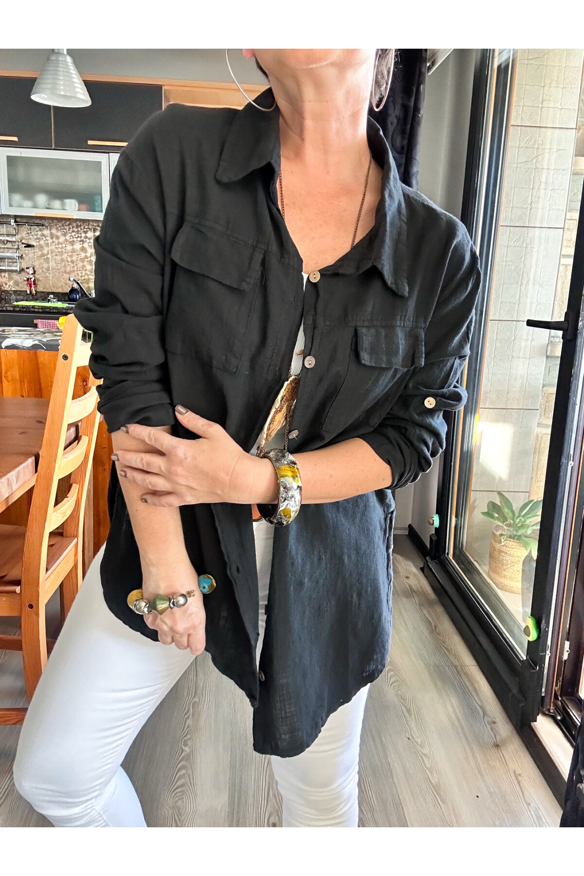 Pablo Tasarım Yan Düğme Detaylı Gömlek Siyah