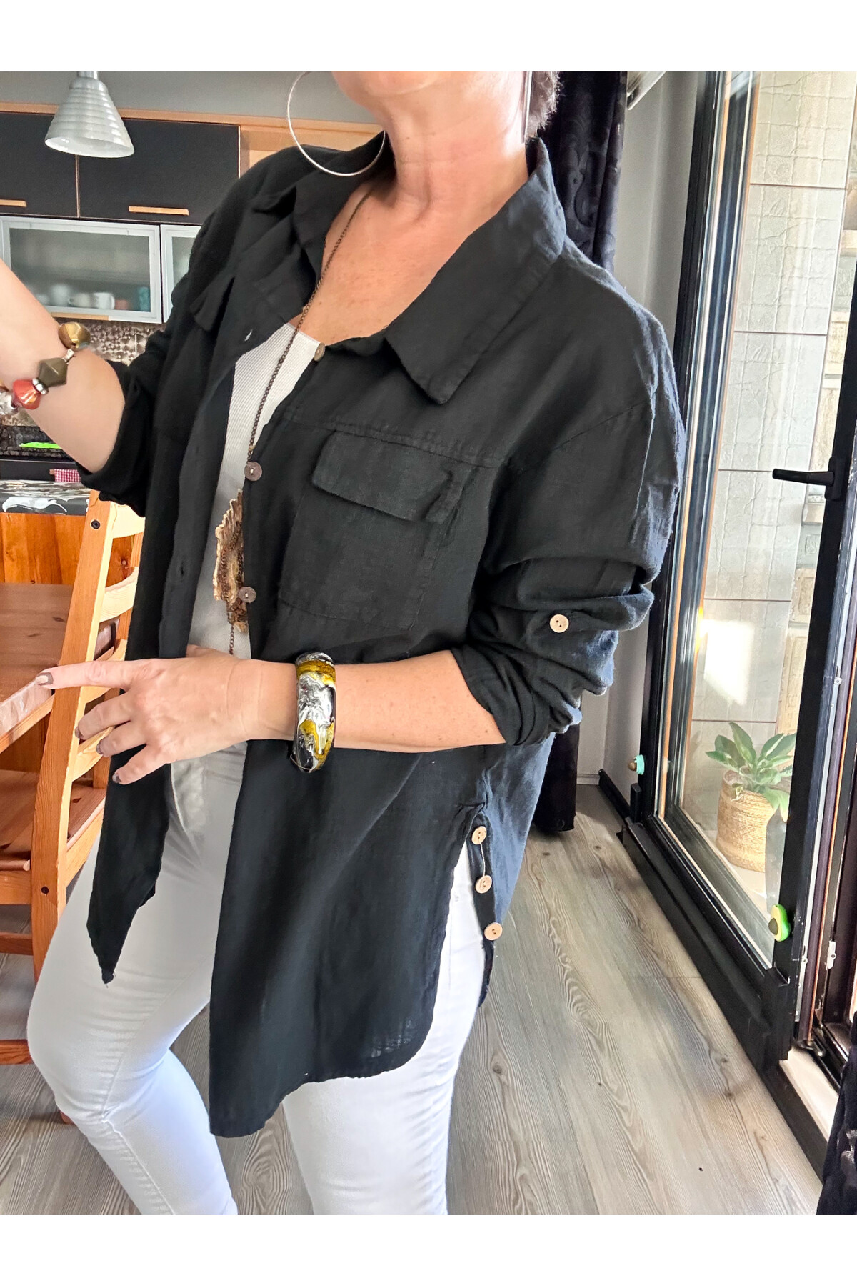 Pablo Tasarım Yan Düğme Detaylı Gömlek Siyah