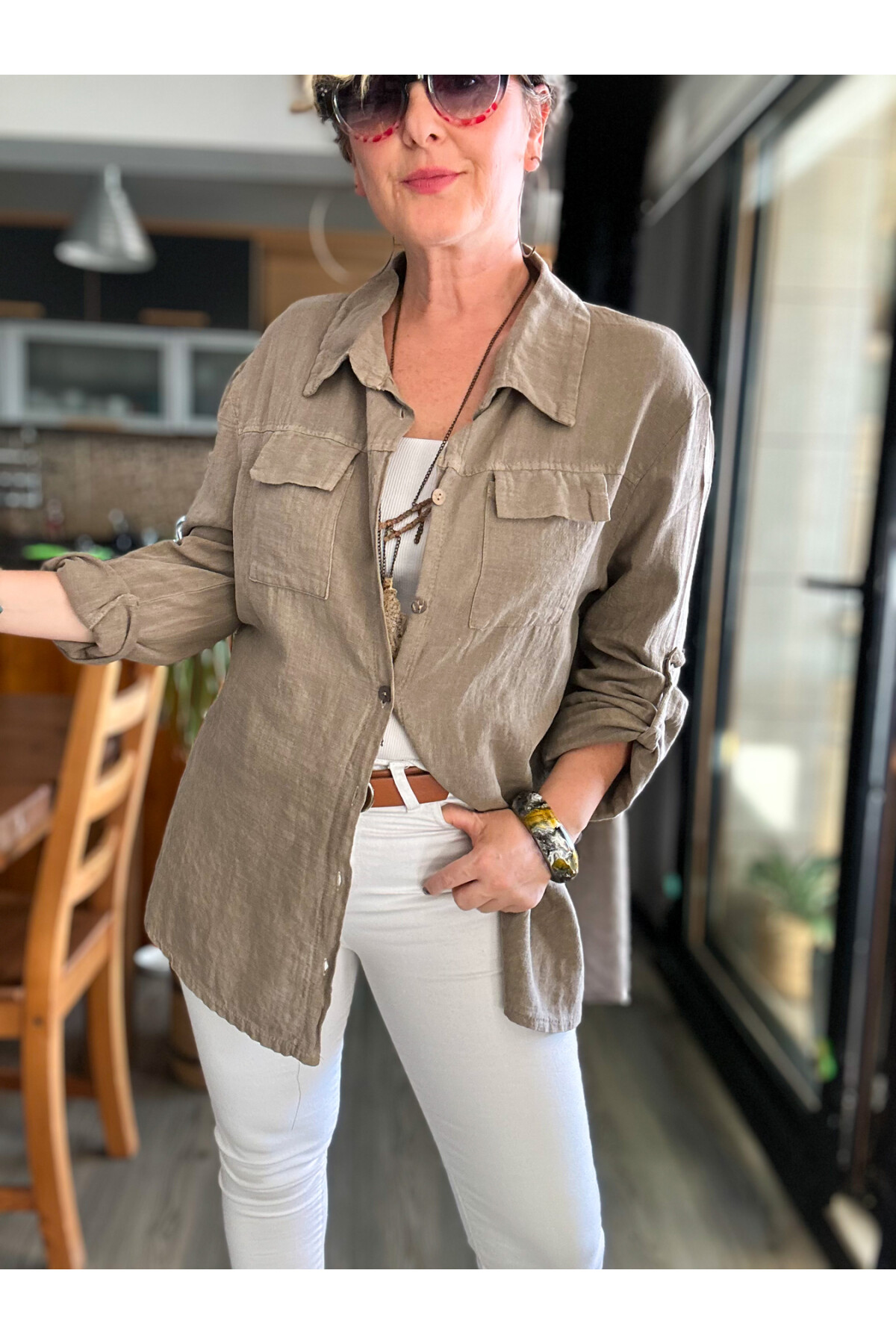 Pablo Tasarım Yan Düğme Detaylı Gömlek Vizon