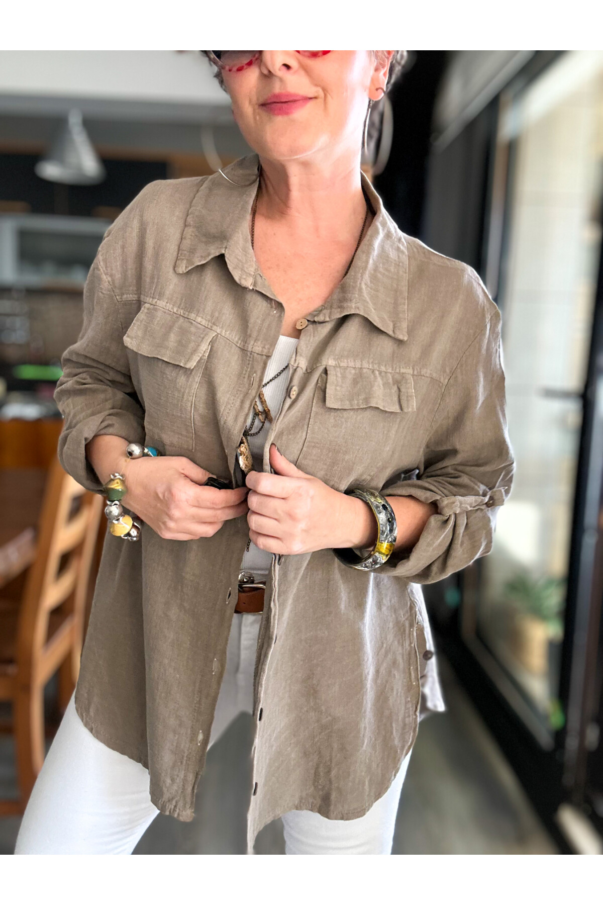 Pablo Tasarım Yan Düğme Detaylı Gömlek Vizon