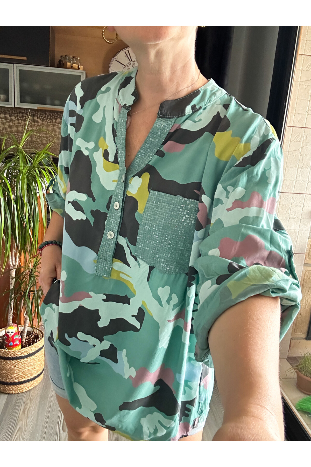 Panino İthal Kamuflaj Desen Gömlek Mint
