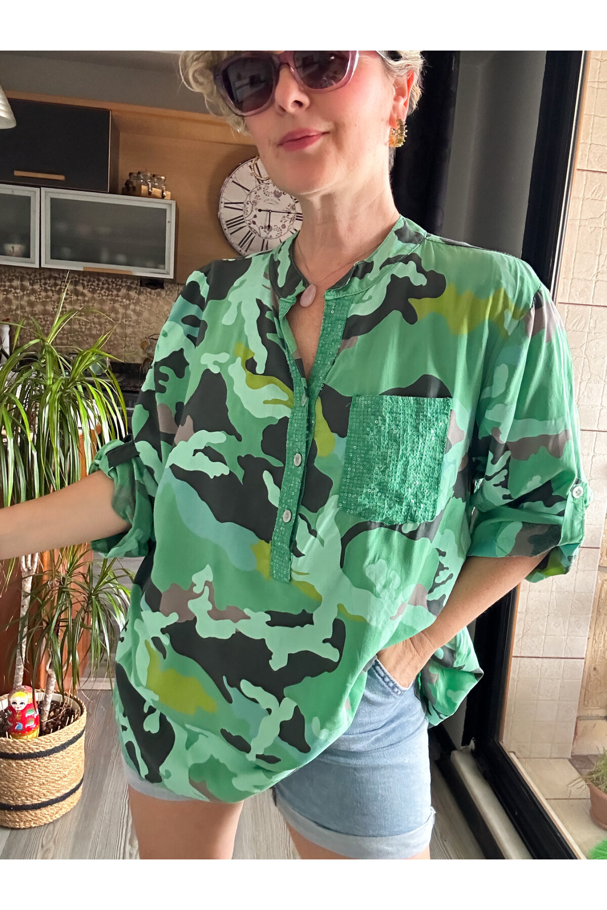 Panino İthal Kamuflaj Desen Gömlek Yeşil