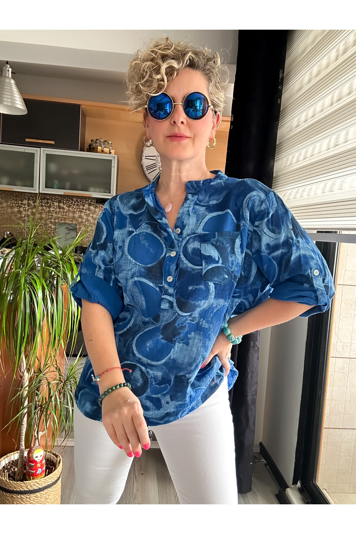 Picci Baloncuk Desen Sax Mavi Desenli İtalyan Gömlek