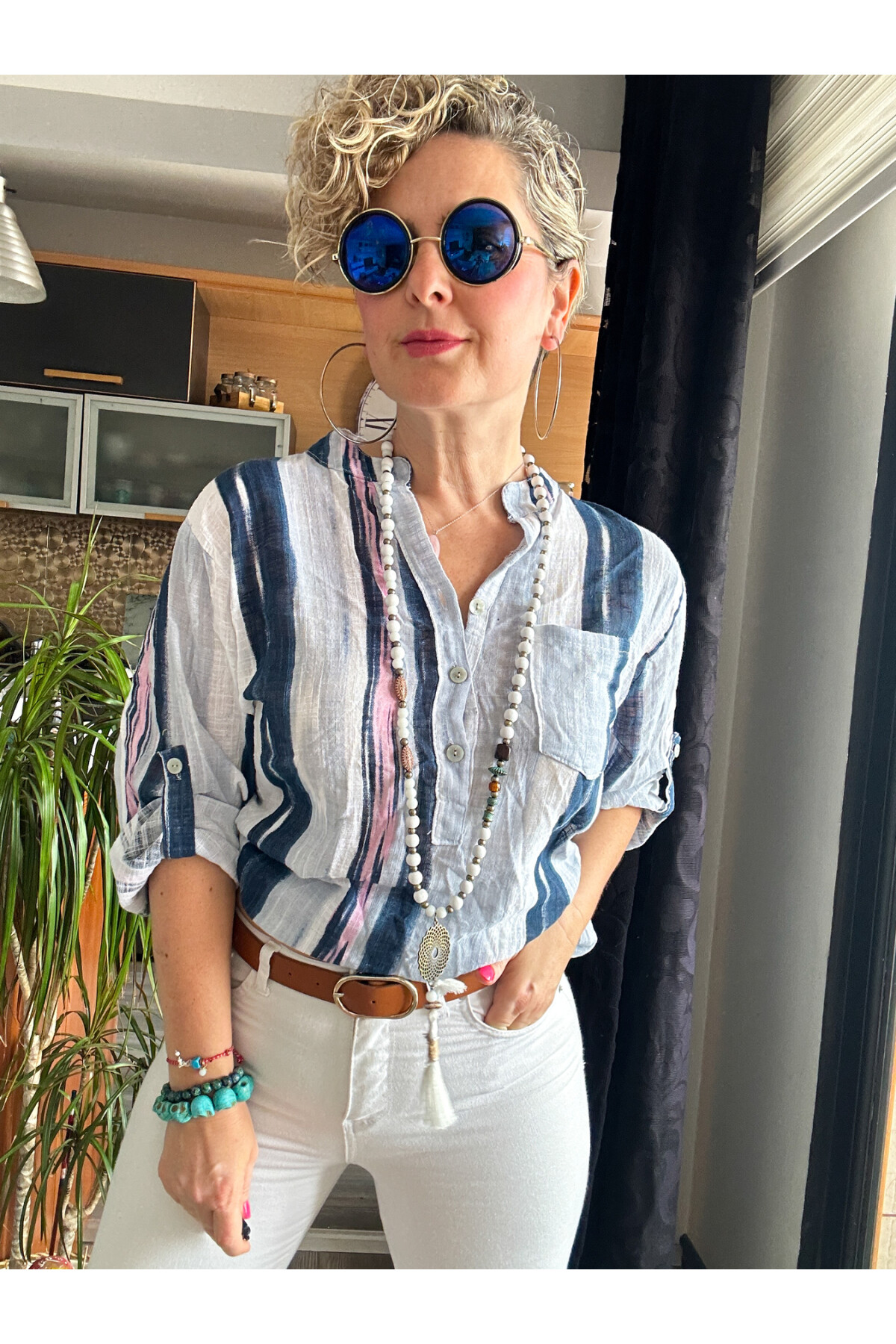 Picci Çizgi Desen Beyaz Desenli İtalyan Gömlek