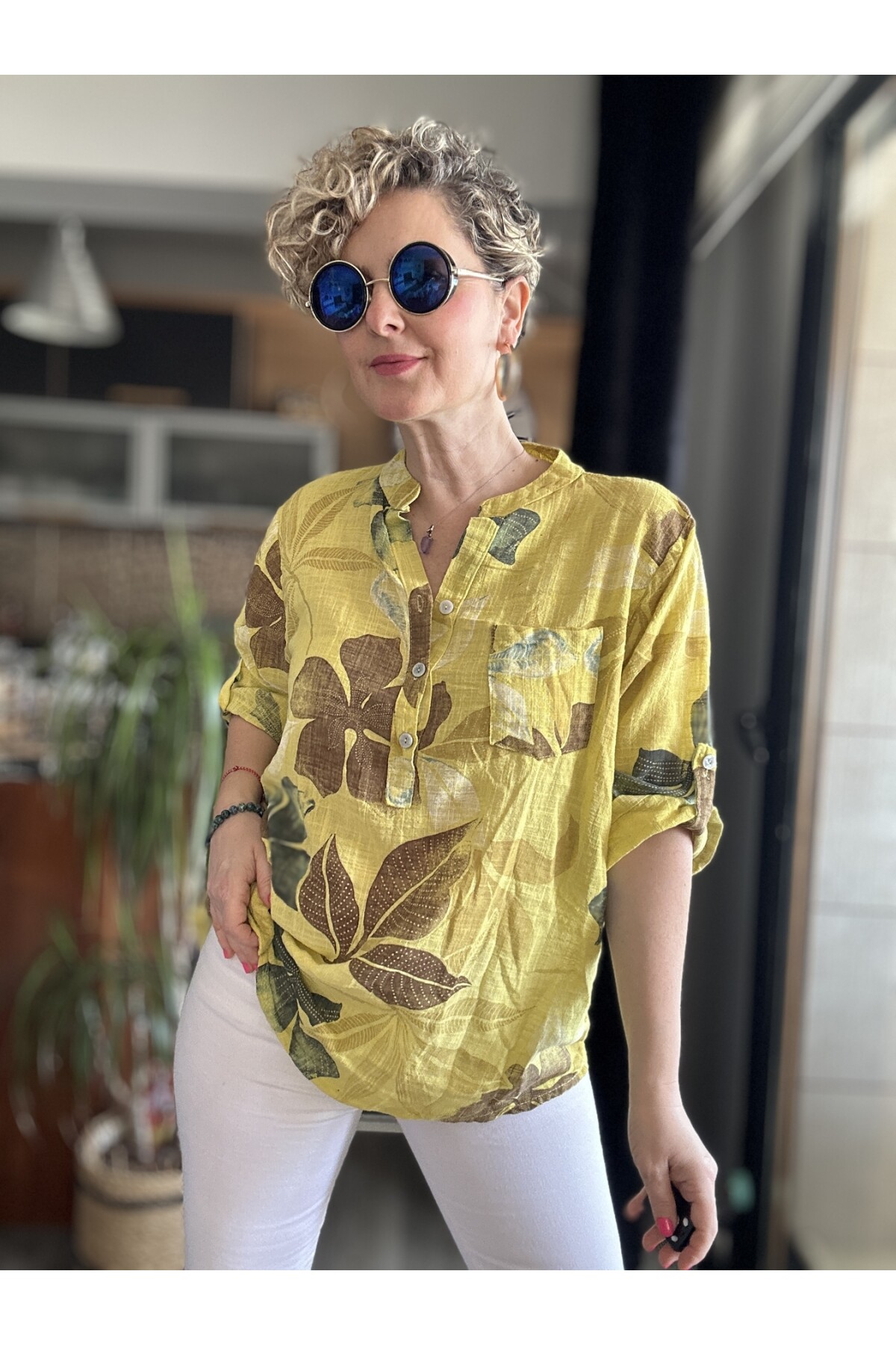 Picci Yaprak Desen Sarı Desenli İtalyan Gömlek