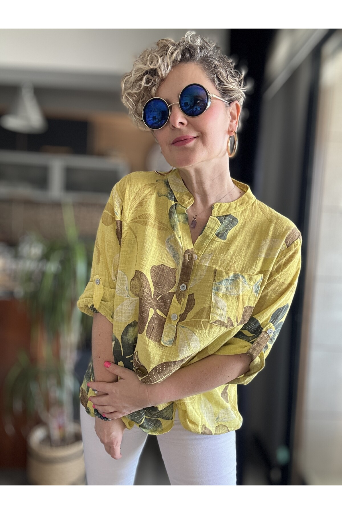 Picci Yaprak Desen Sarı Desenli İtalyan Gömlek