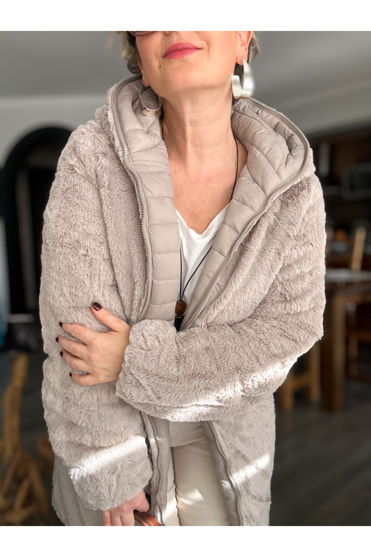 Ping İthal Çift Taraflı Anorak Peluş Uzun Mont Taş Renk