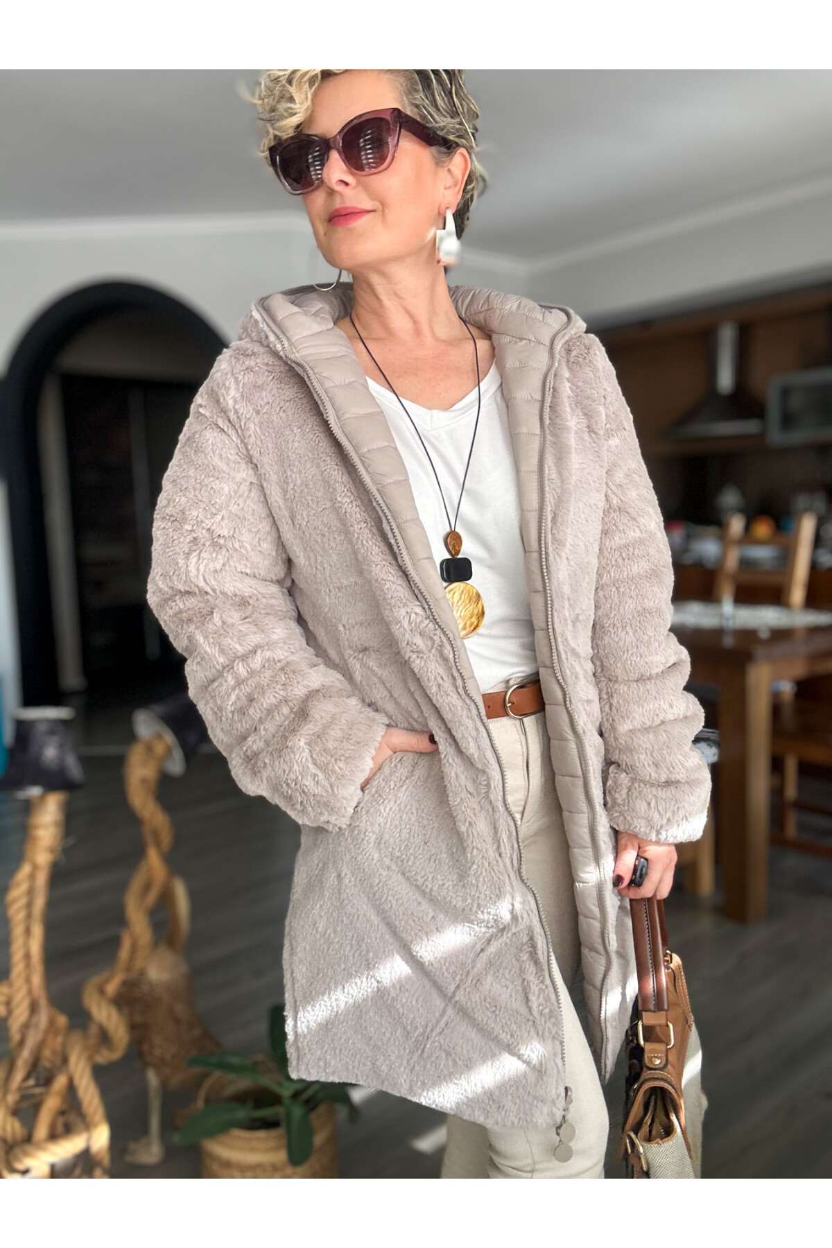 Ping İthal Çift Taraflı Anorak Peluş Uzun Mont Taş Renk