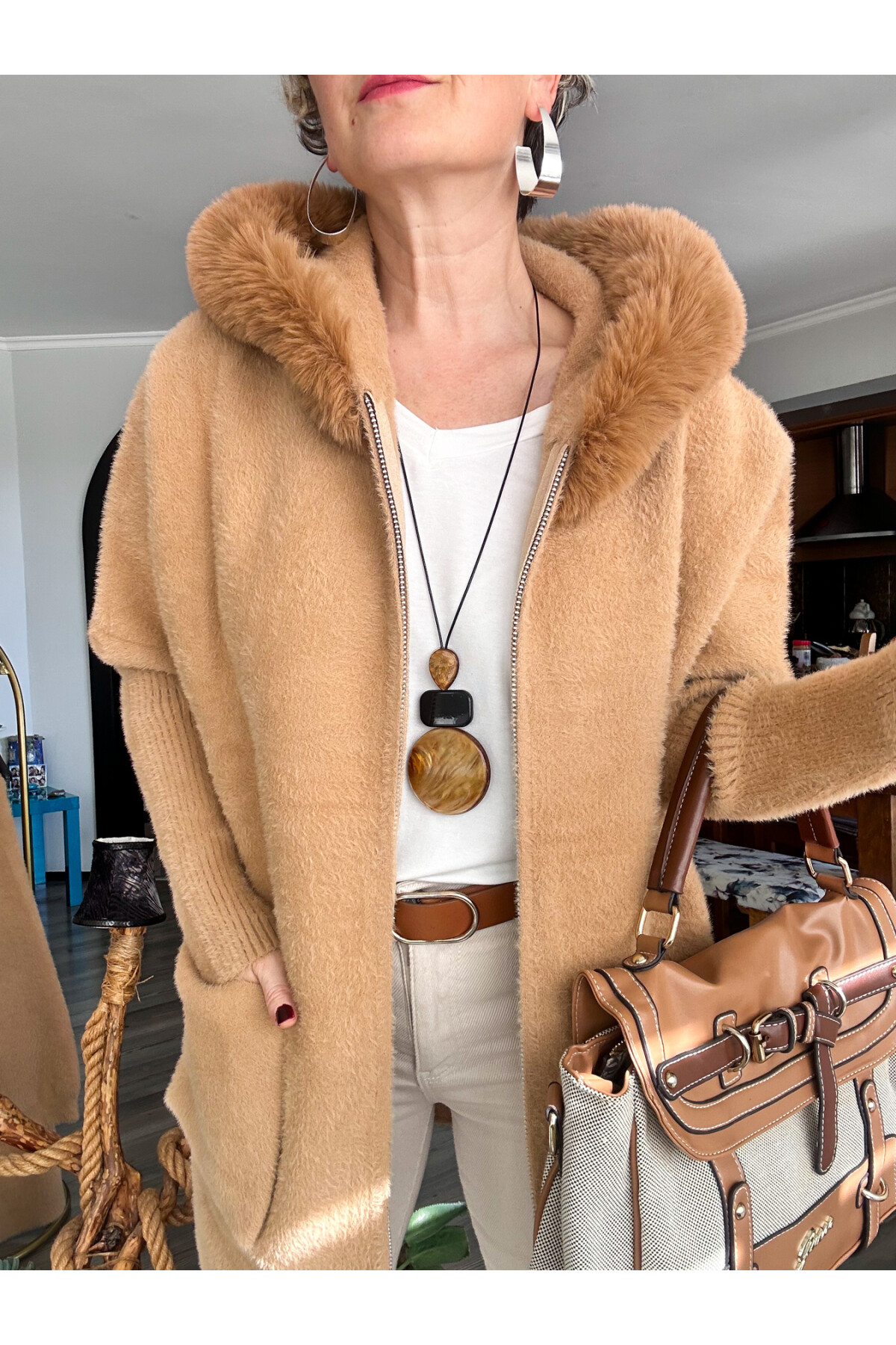 Porro İthal Angore Kürk Kapşon Kapak Cepli Ceket Camel