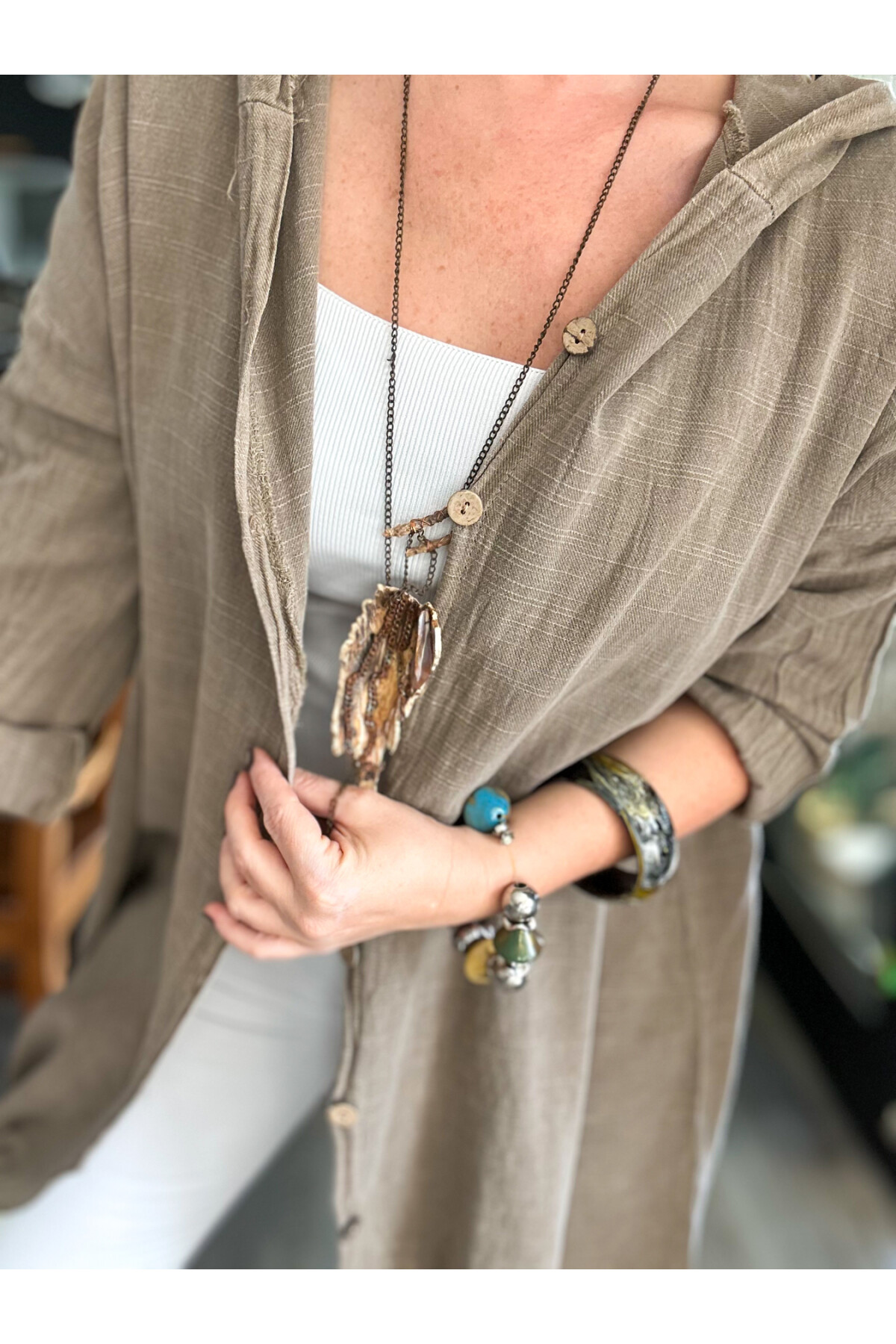 Que Tasarım Arka Star Pul Detay Kapşon Ceket Vizon