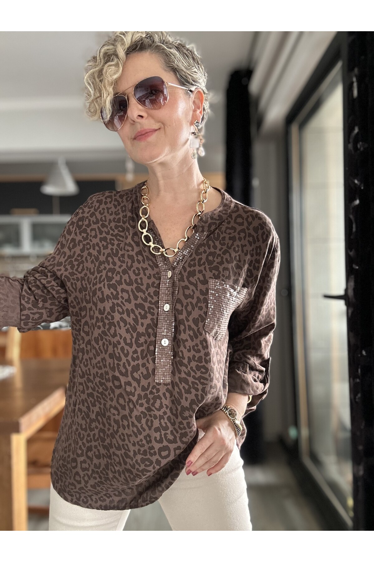 Santa Pul Detaylı Leopar Desen Gömlek Kahve