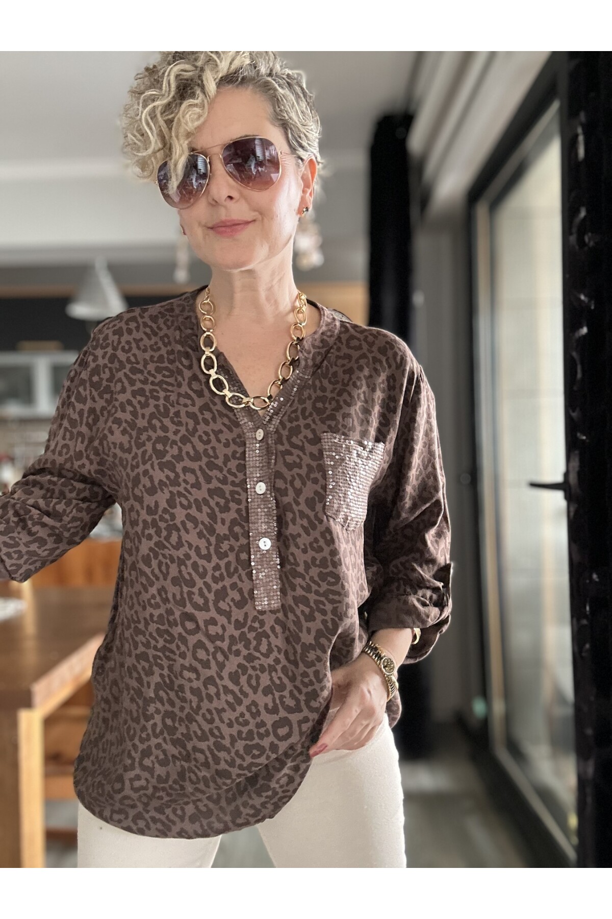 Santa Pul Detaylı Leopar Desen Gömlek Kahve