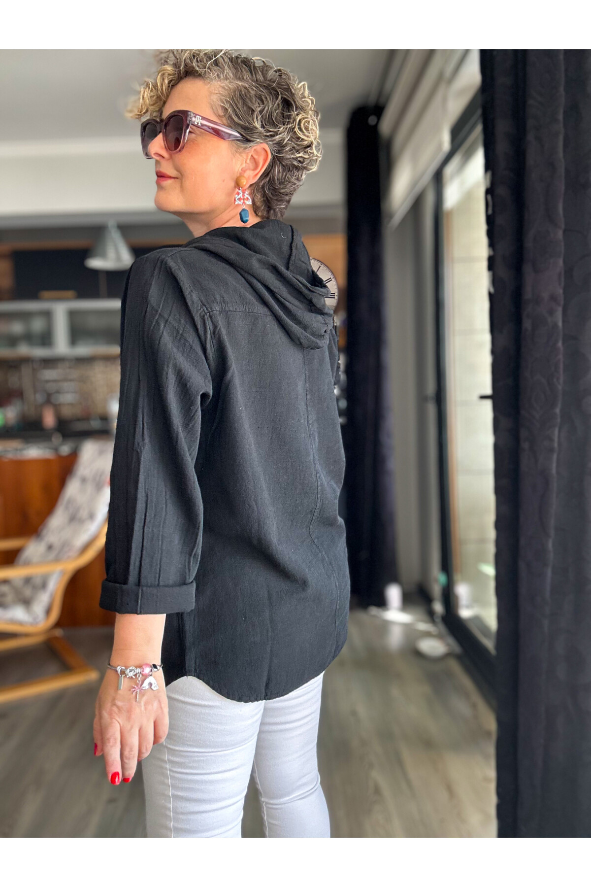 Toby Tasarım Kanguru Cep Kapşon Detay Bluz Siyah