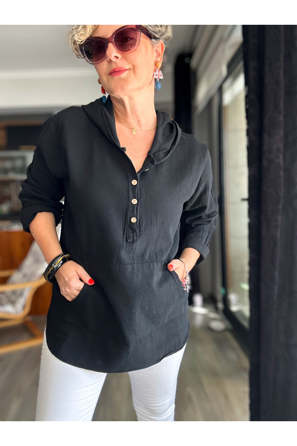 Toby Tasarım Kanguru Cep Kapşon Detay Bluz Siyah