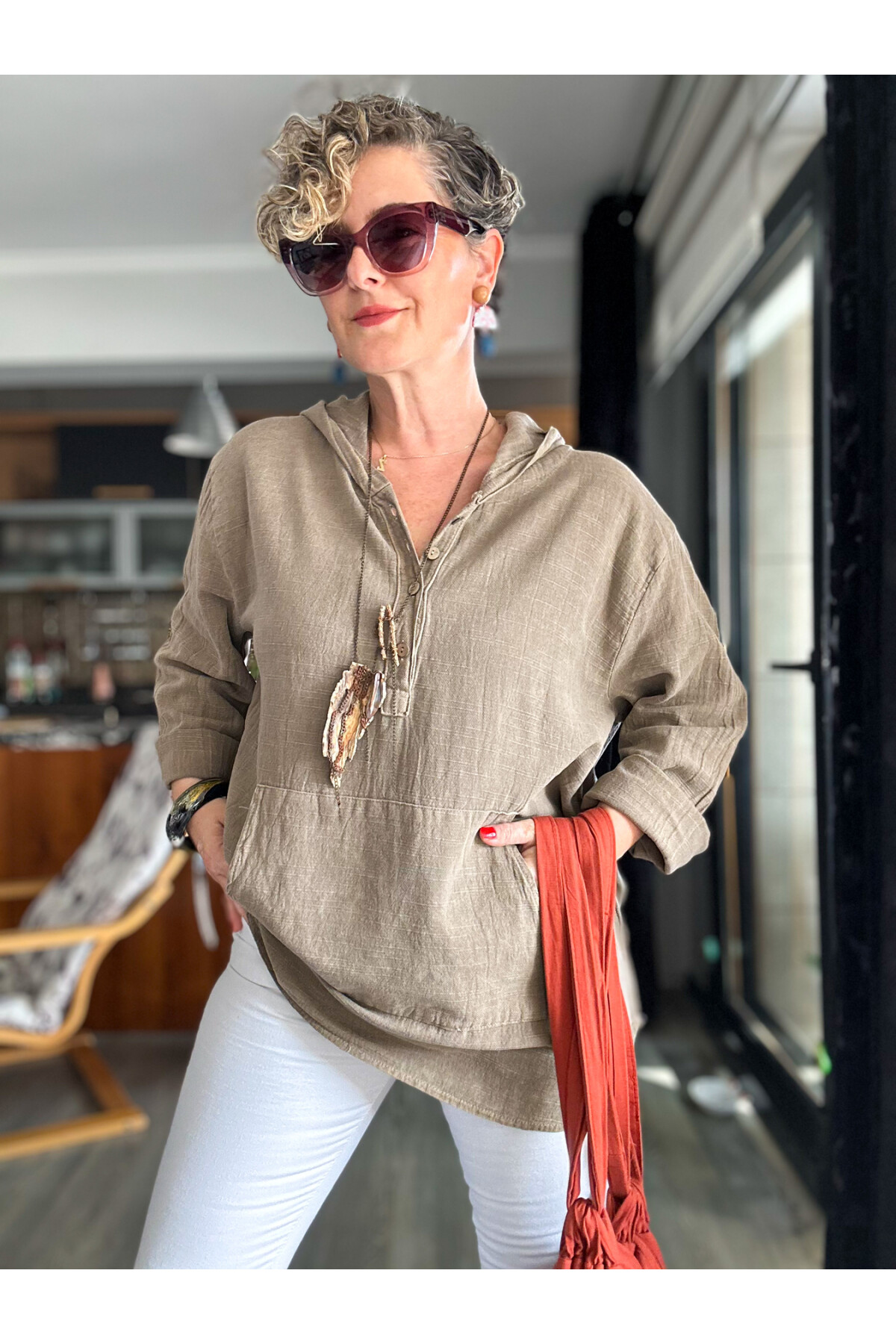 Toby Tasarım Kanguru Cep Kapşon Detay Bluz Vizon