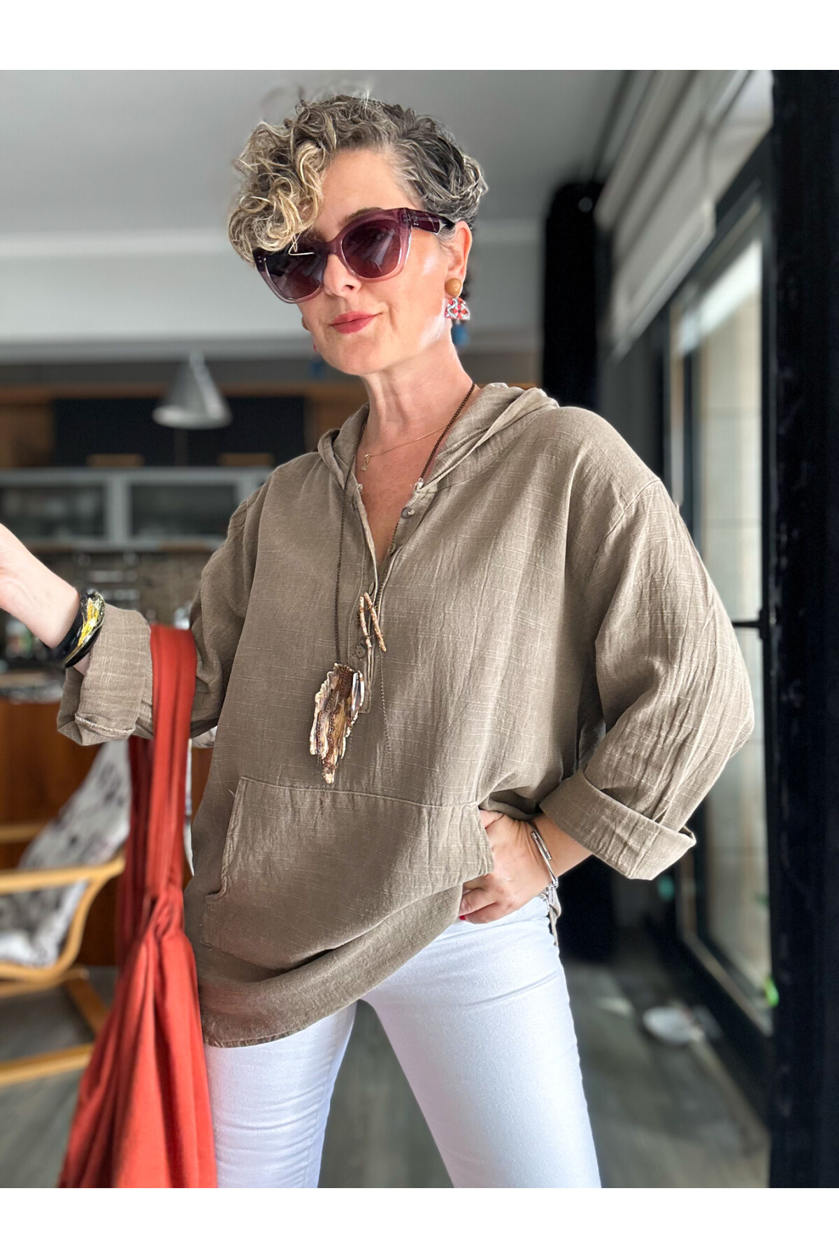 Toby Tasarım Kanguru Cep Kapşon Detay Bluz Vizon