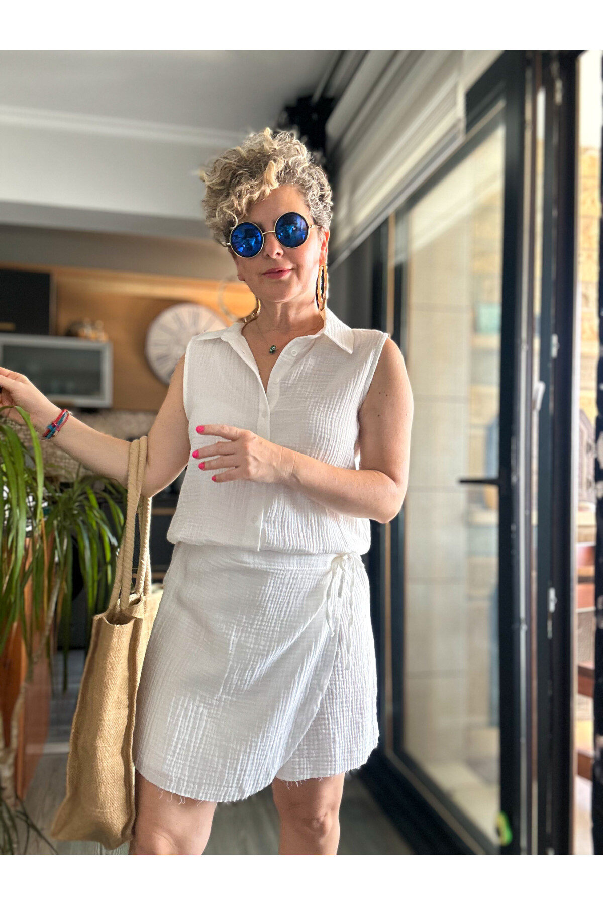 Verte Tasarım Şort Etek Bluz Takım Beyaz