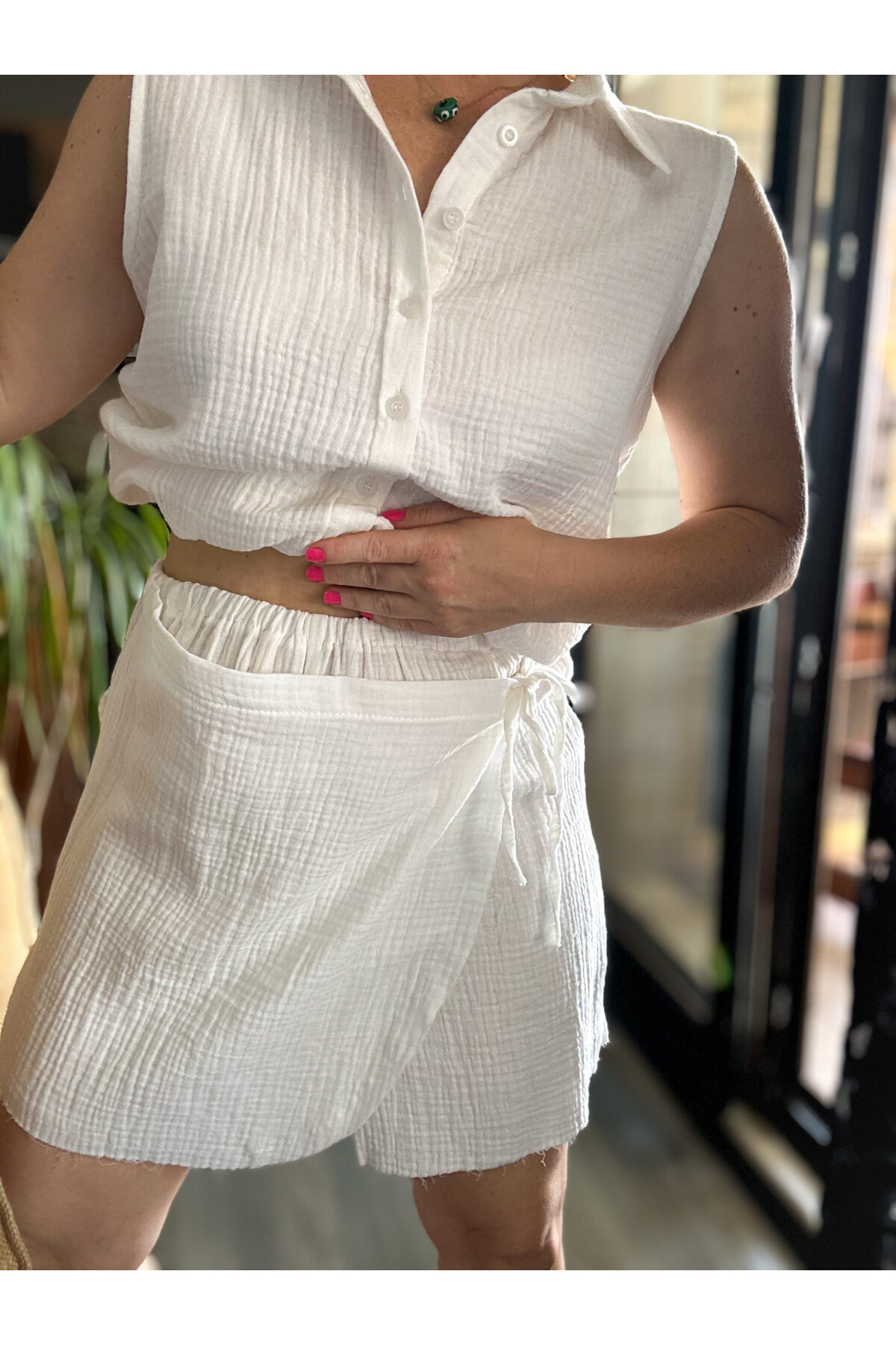 Verte Tasarım Şort Etek Bluz Takım Beyaz